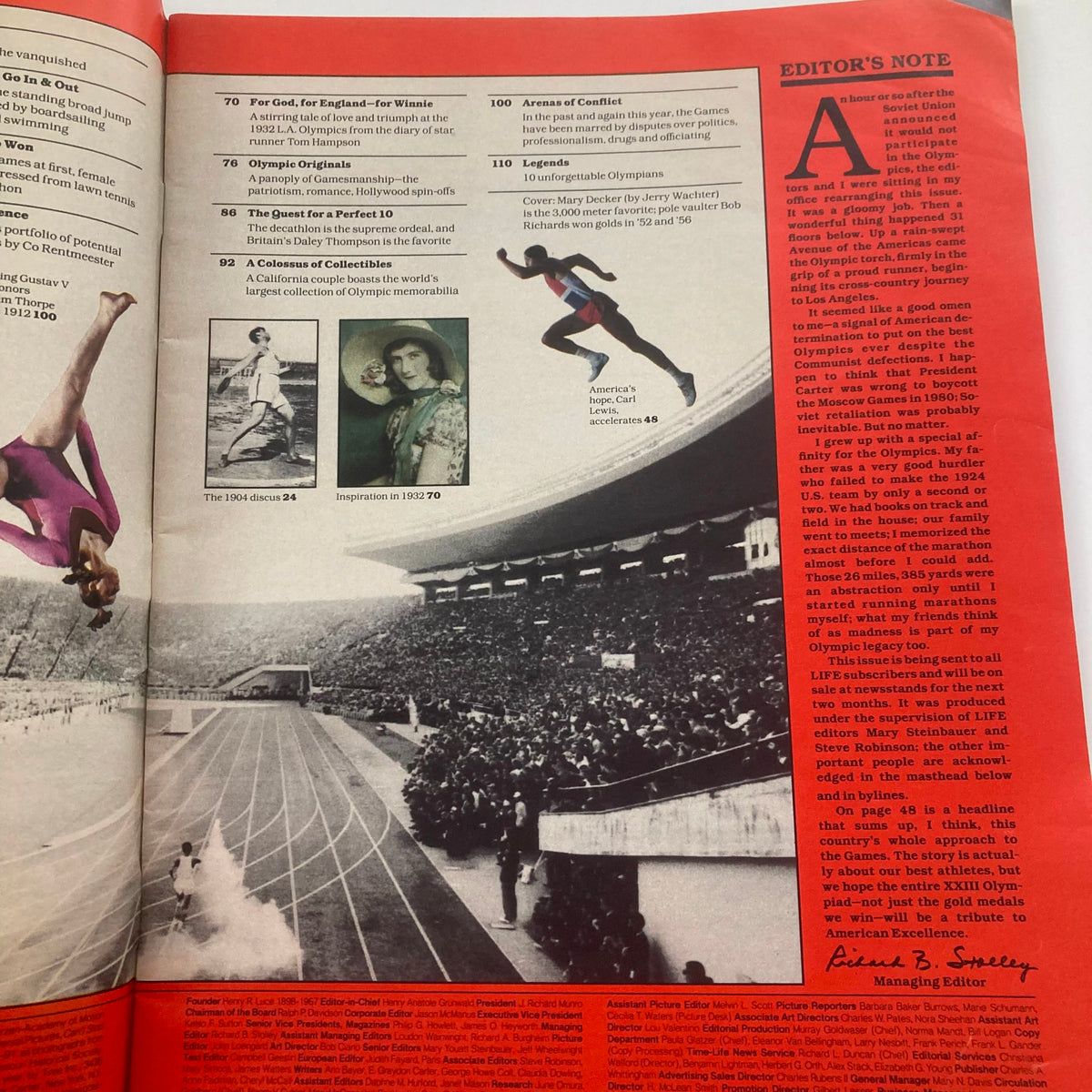 Inside page of Life Magazine Summer 1984 Vol 7 No. 7 featuring an Editor's Note and a section on the 1984 Olympic Games with images of athletes, discussing their significance and the events surrounding the Olympics.