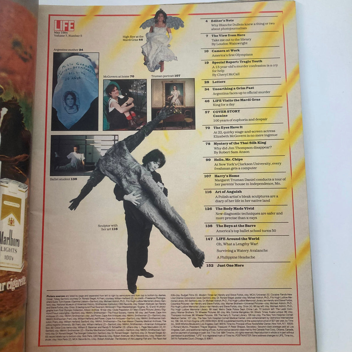 Interior page of 'VTG Life Magazine May 1984 Vol 7 No. 5 The History of Cocaine 1884-1984' featuring a collage of images including a woman in a gown and artistic scenarios, showcasing magazine content.
