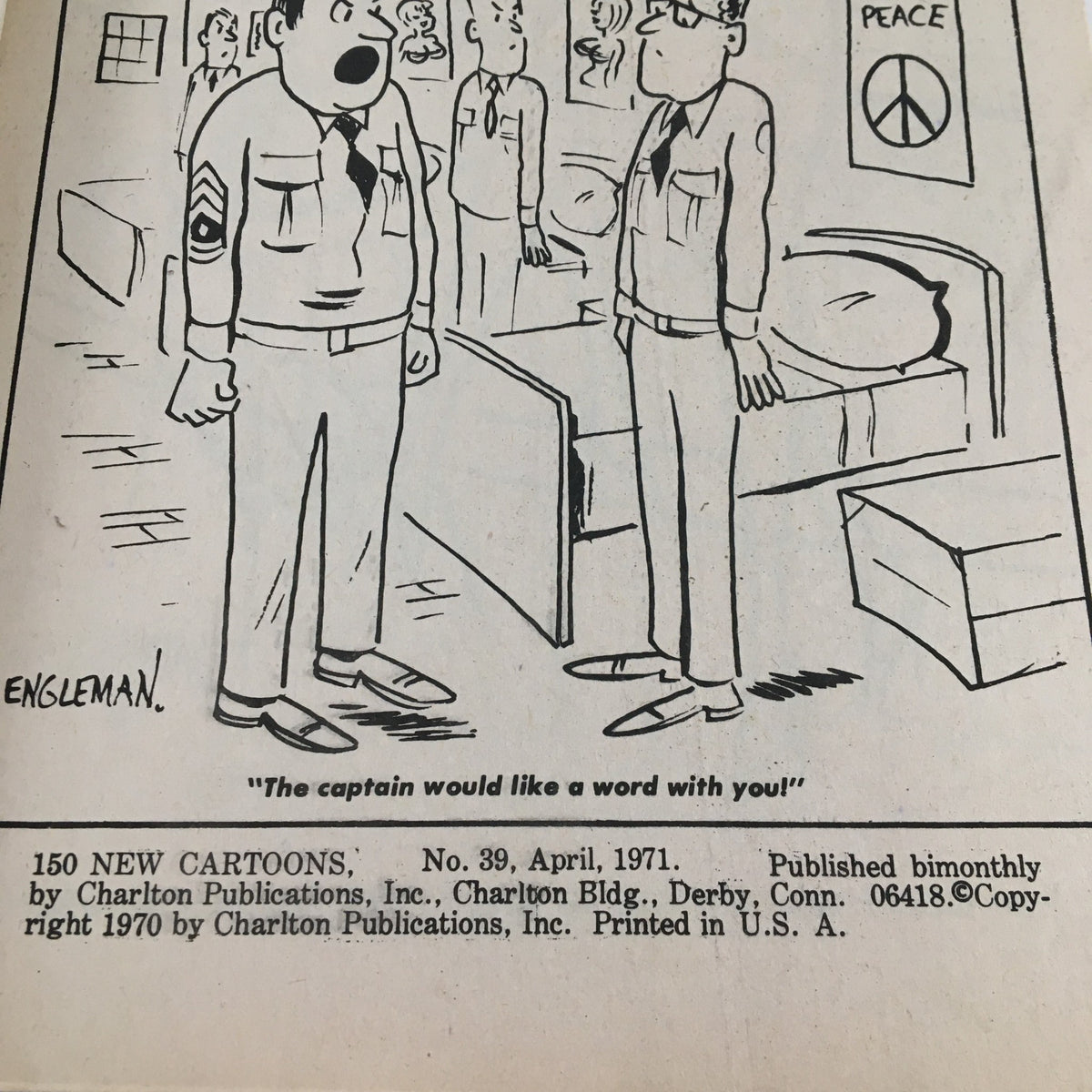 Comic strip from VTG 150 New Cartoons April 1971, featuring a humorous exchange between military characters with the caption: 'The captain would like a word with you!'. This illustration captures the comedic style typical of Charlton Joke Magazine No. 39.