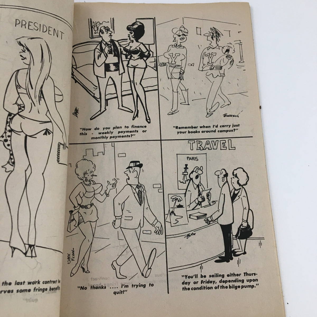 Page from VTG 150 New Cartoons April 1971, depicting various humorous cartoon scenarios including conversations about financing and humorous interactions between characters, showcasing the vibrant humor of Charlton Joke Magazine No. 39.