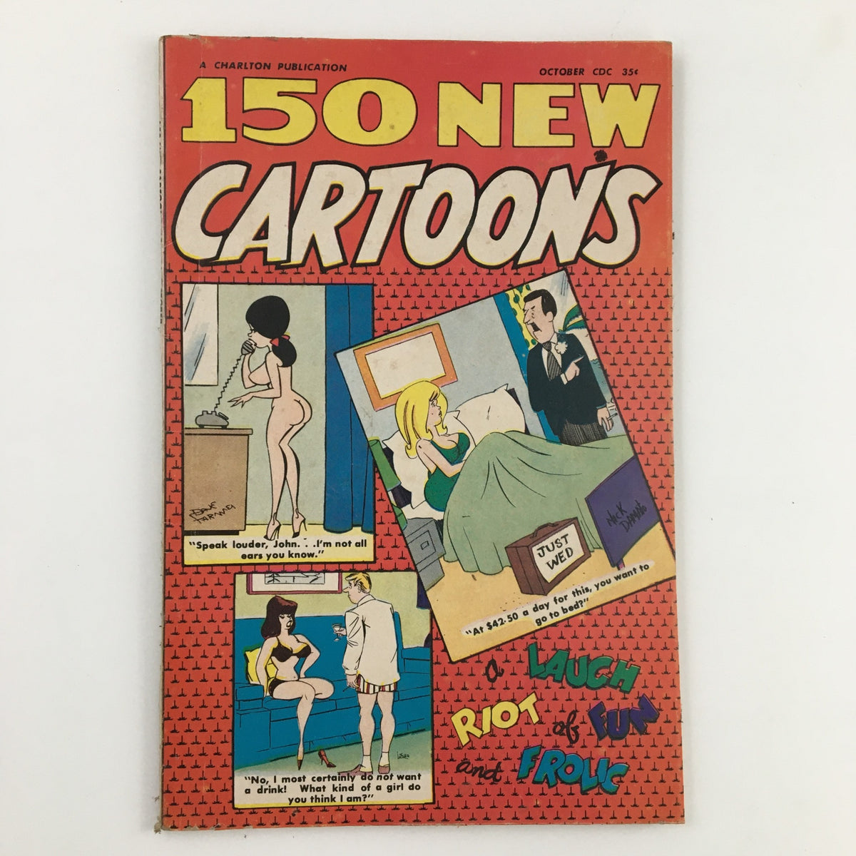 Front cover of the vintage magazine titled '150 New Cartoons, October 1970 No. 36 Charlton Joke Magazine', showcasing colorful illustrations and humor.