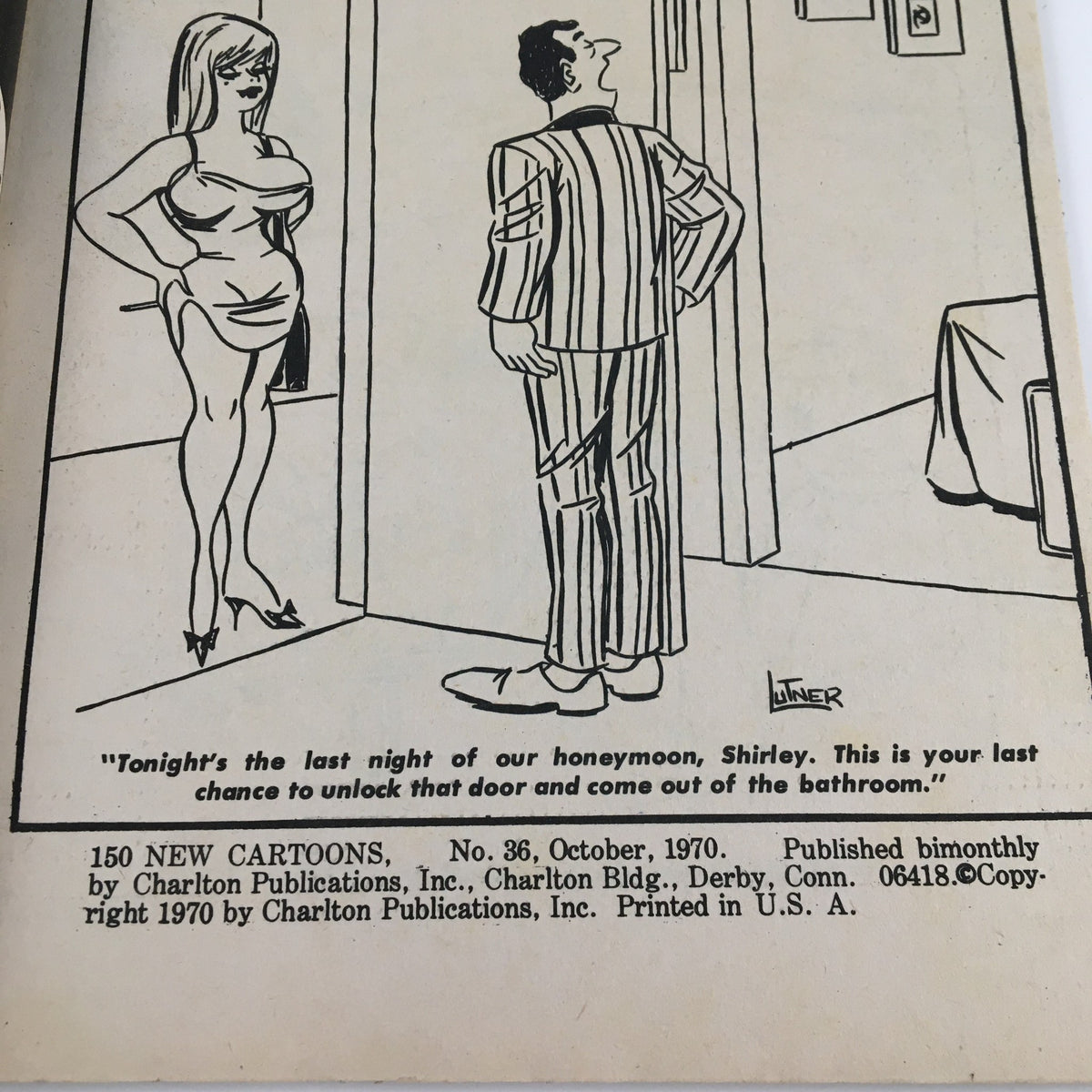 An interior page of '150 New Cartoons, October 1970 No. 36 Charlton Joke Magazine' featuring a humorous cartoon depicting a couple on their honeymoon.