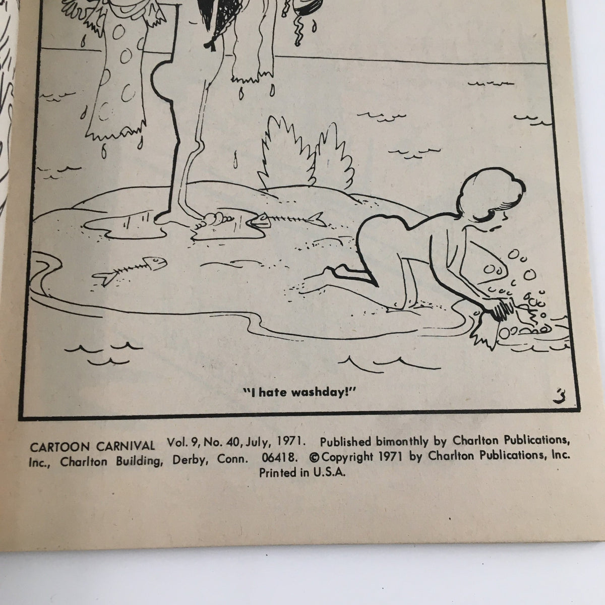 Illustration from VTG Cartoon Carnival July 1971 Vol. 9 No. 4 Charlton Joke Magazine, depicting a humorous scene with characters expressing their disdain for washday chores.