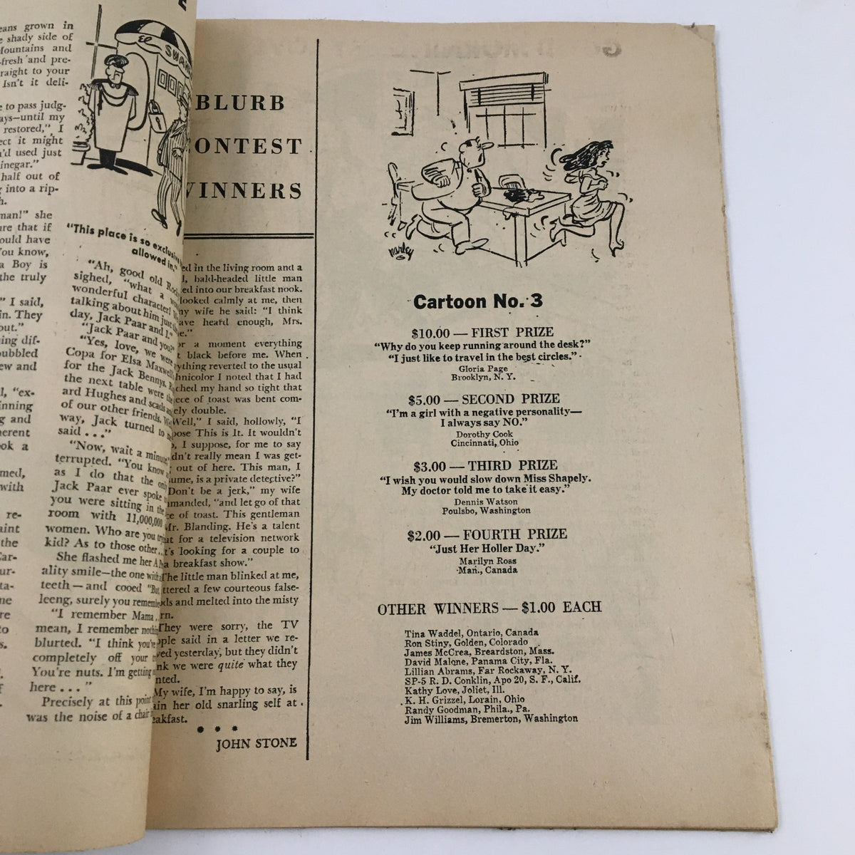 Interior page from Laugh Parade Humor Magazine July 1962, Vol. 2 No. 4 featuring a cartoon with contest winners and humorous anecdotes.