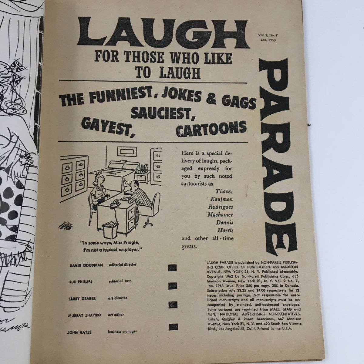Interior page of Laugh Parade Humor Magazine January 1963, Vol. 2 No. 7 featuring a humorous introduction and contributors list, emphasizing the comedic nature of the content.