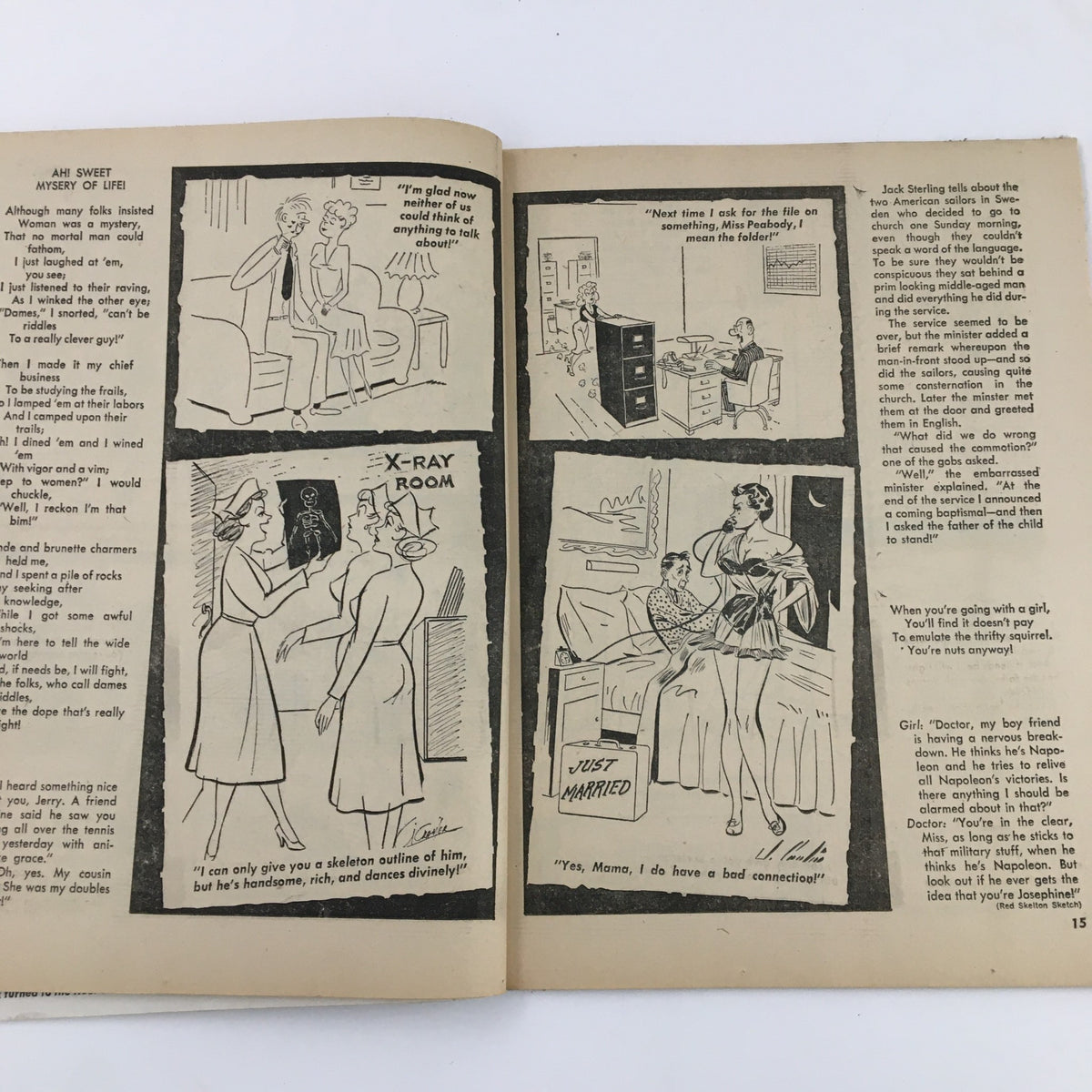Interior pages of Popular Jokes Magazine May 1962 Vol. 1 No. 4 - The Sweet Mystery of Life illustrating humorous anecdotes and comic strips.