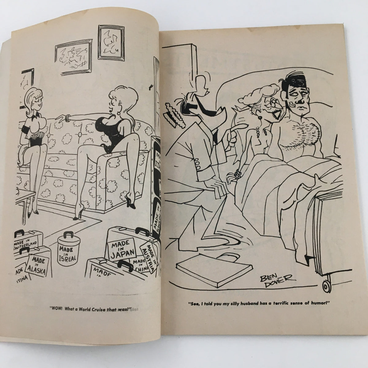 Interior spread of VTG 150 New Cartoons October 1971 No. 42 Charlton Joke Magazine displaying various cartoons, including humorous takes on relationships and comedic situations.