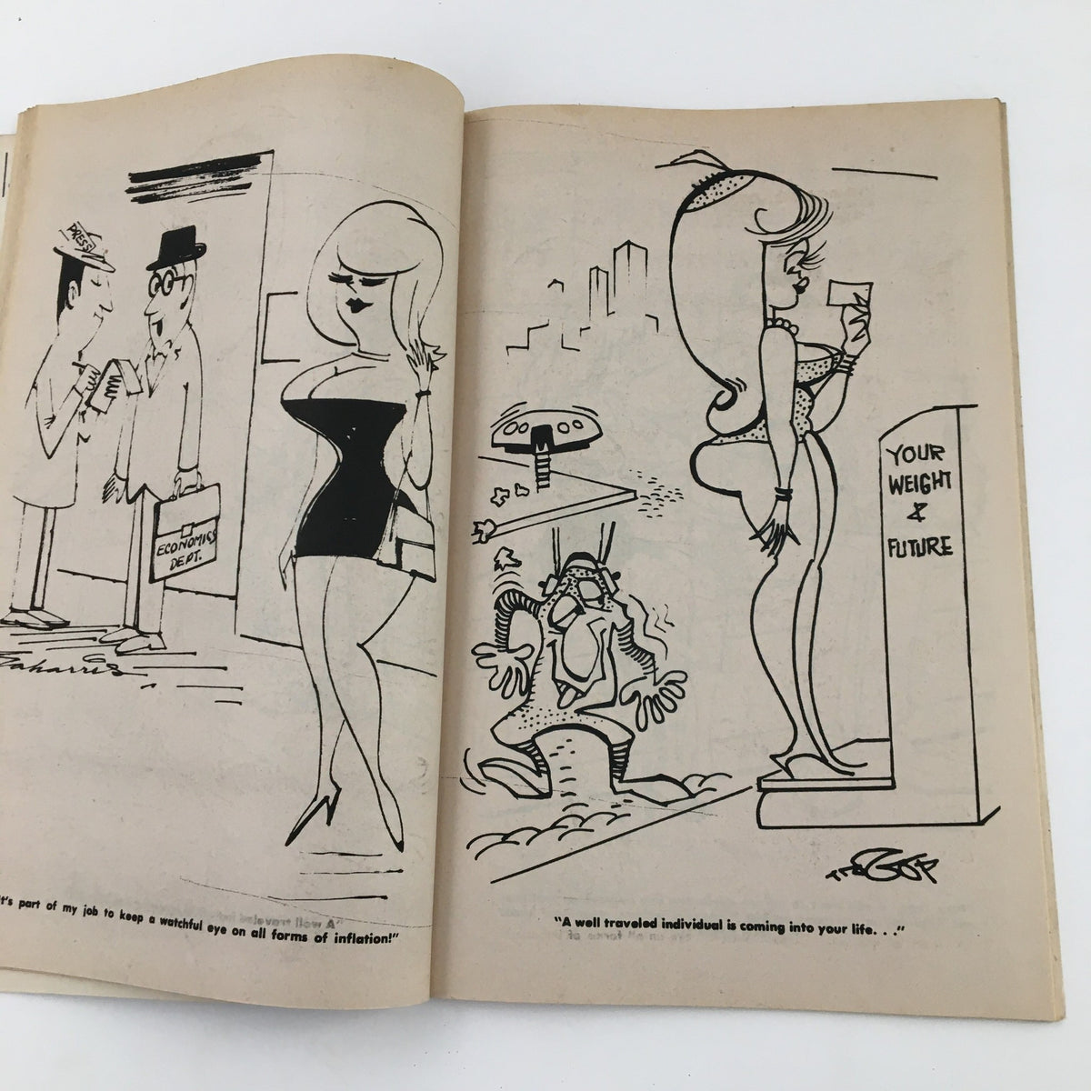 Humorous cartoon from Good Humor September 1971 No. 41 magazine illustrating a scene where characters are engaging with the concept of weight and future in a funny way.