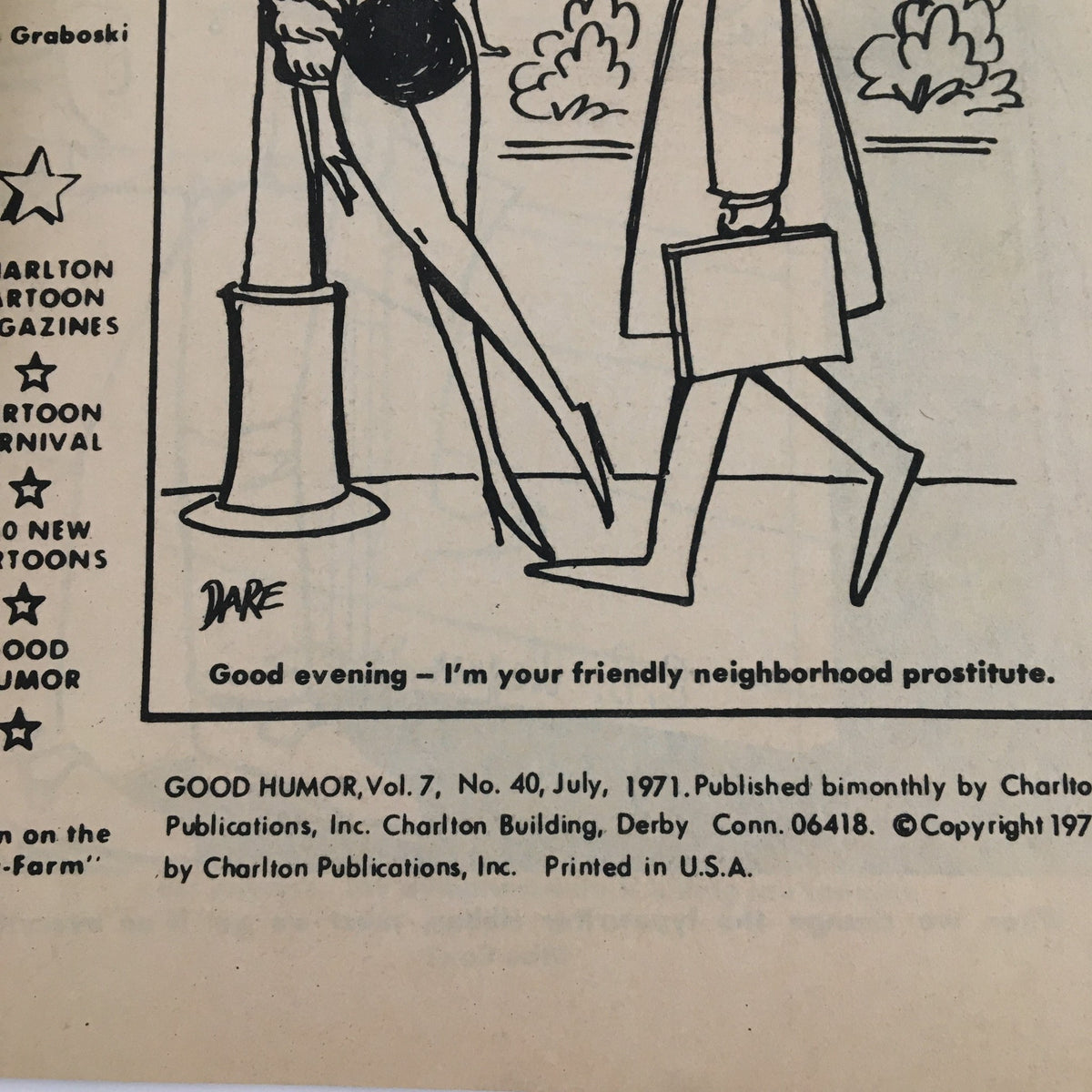 Inside page of Good Humor Cartoons July 1971 Vol. 7 No. 40 featuring a humorous cartoon with characters and witty dialogue.