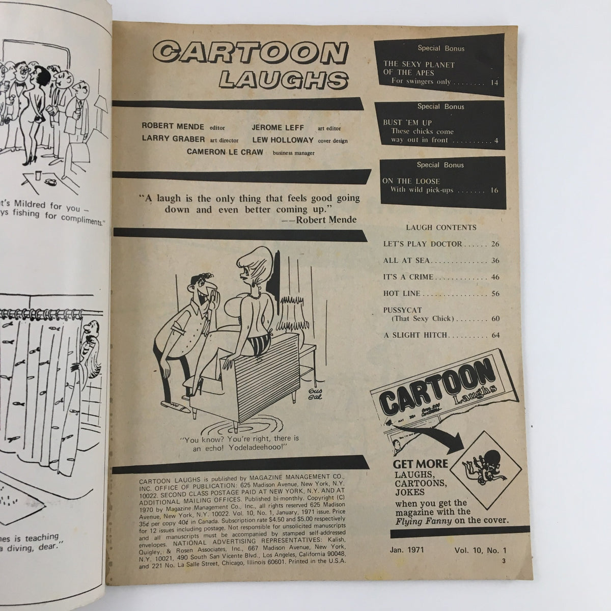 Interior page of VTG Cartoon Laughs January 1971 Vol. 10 No. 1 The Sexy Planet of The Apes featuring various humorous cartoons and a content list, showcasing the magazine's comedic style.