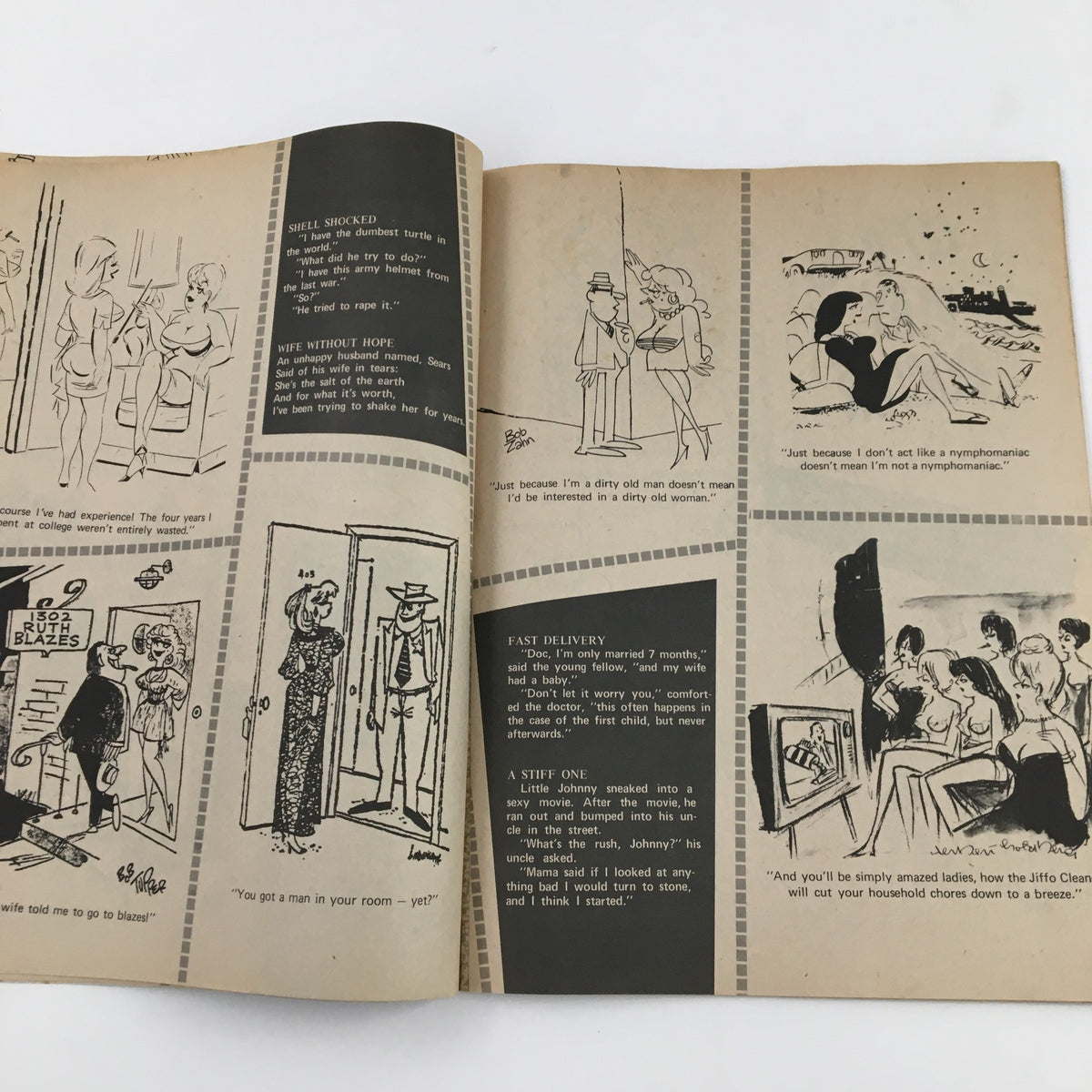 Vintage Cartoon Laughs January 1971 Vol. 10 No. 1 featuring comic illustrations with themes of humor and adult situations, showcasing various comedic scenarios.