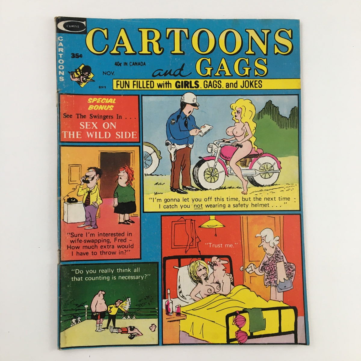 Cover of Cartoons & Gags November 1972 Vol. 19 No. 6 featuring vibrant illustrations and humorous scenes related to the theme 'The West Goes Sexy & Hairiest Ones', showcasing playful cartoons and jokes.