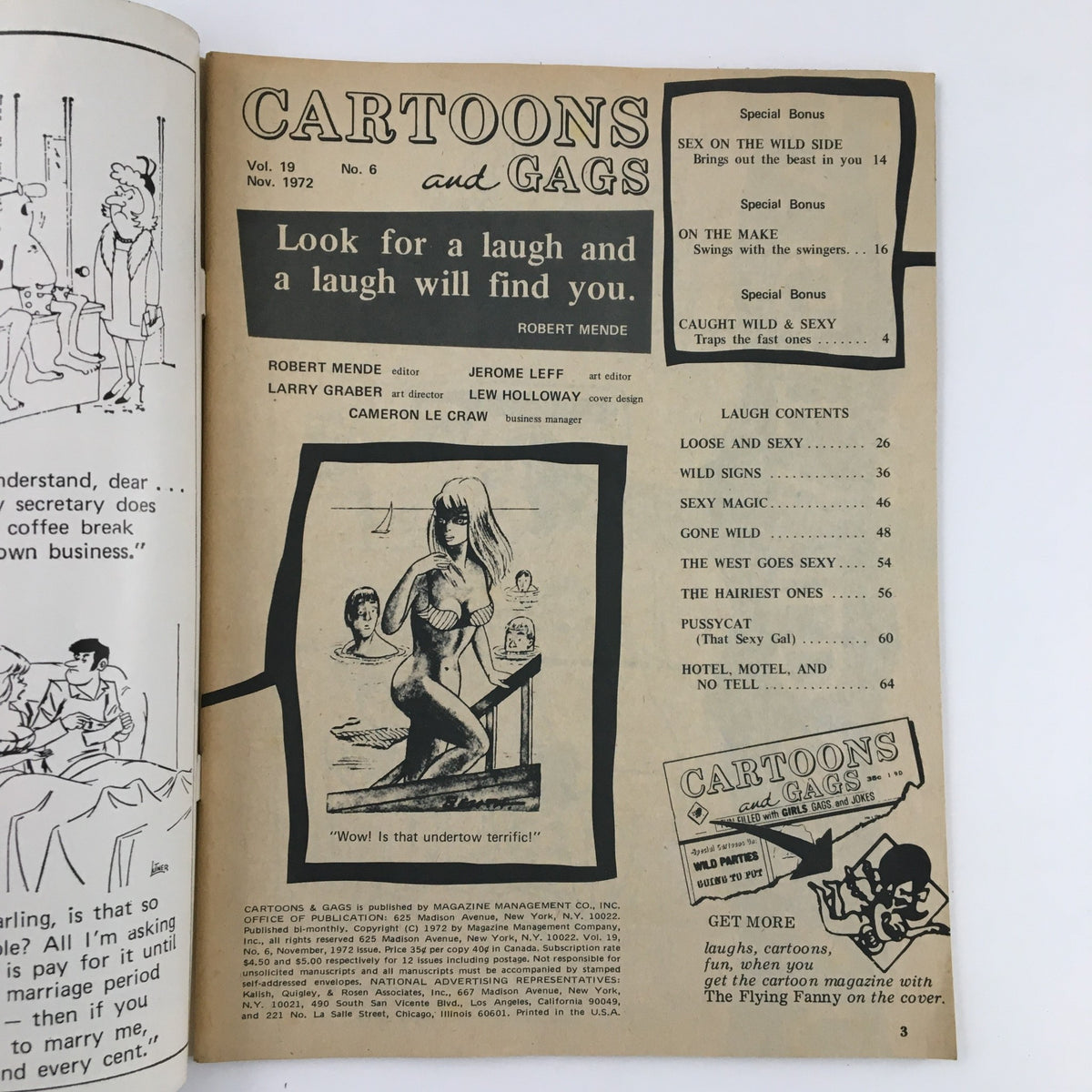 Inside page of Cartoons & Gags November 1972 Vol. 19 No. 6 showcasing cartoon illustrations and humorous sections like 'Looking for a laugh'.