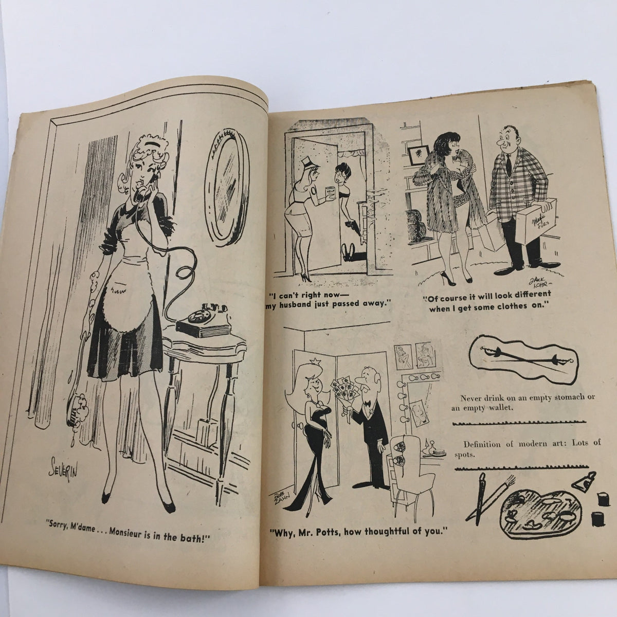 An interior spread from 'French Cartoons and Cuties' August 1964 Vol. 1 No. 37 displaying humorous comic strips with cultural insights.