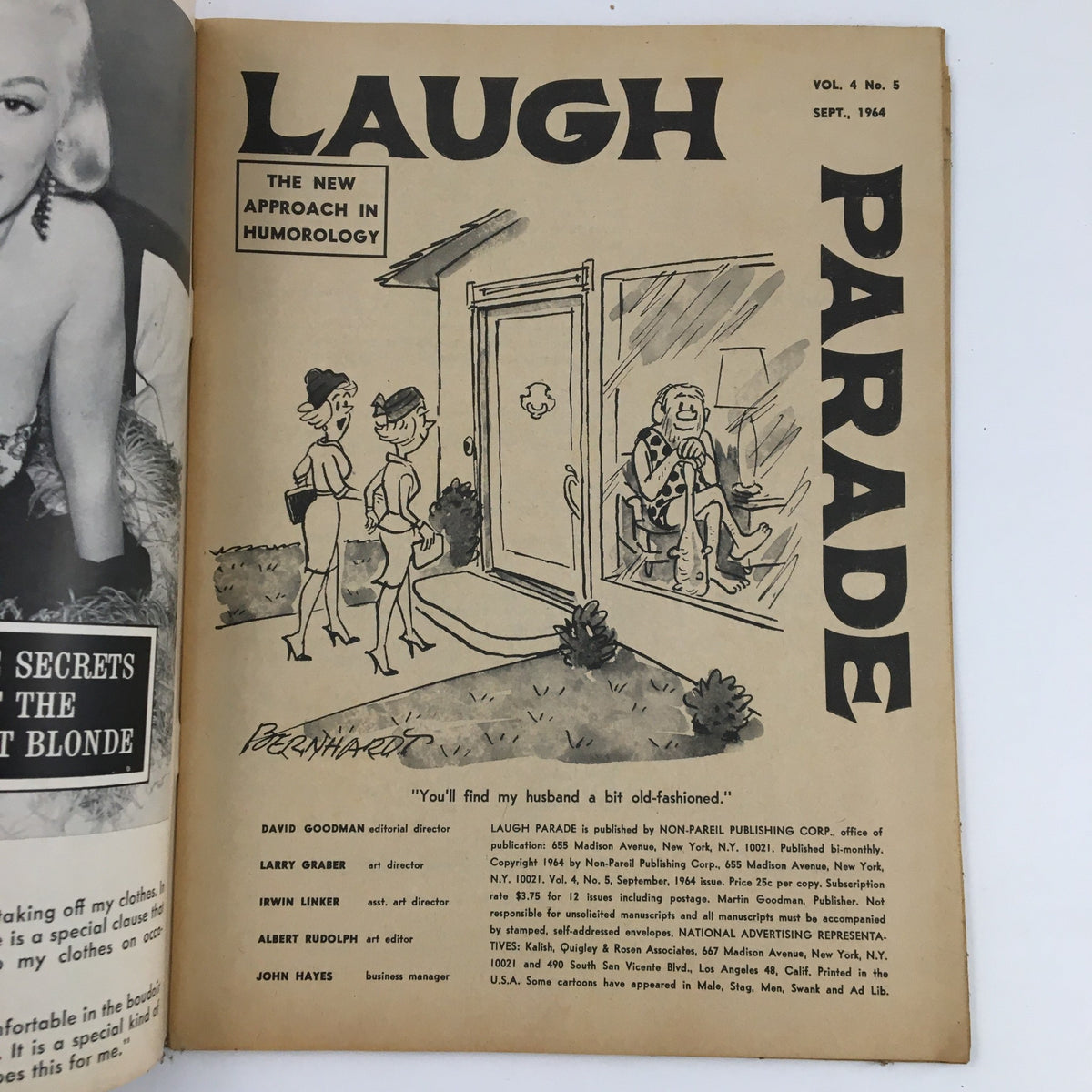 Inside page of Laugh Parade September 1964 Vol. 4 No. 5, showcasing a cartoon drawing and editorial information.