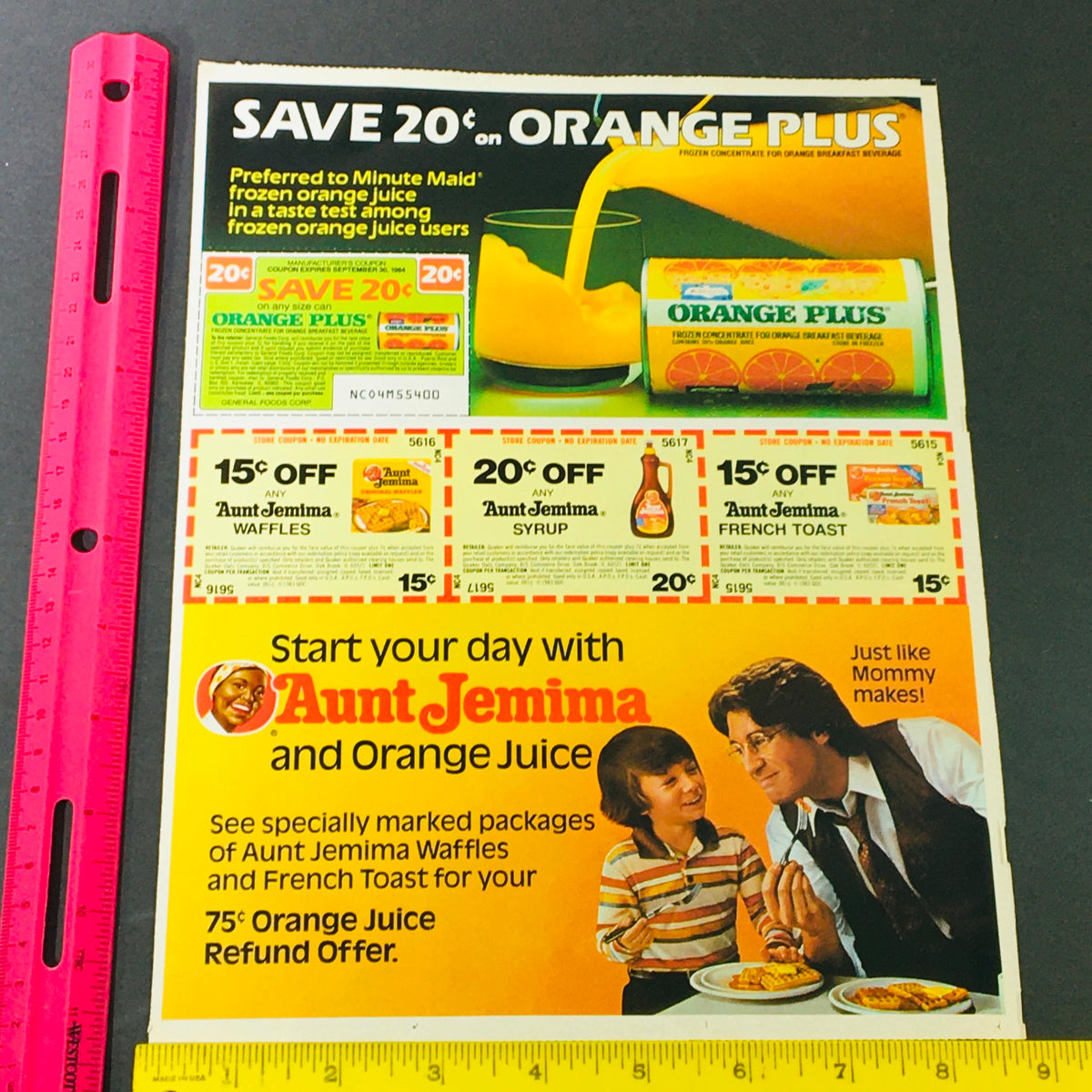 VTG Retro 1983 Aunt Jemimas and Orange Juice advertisement displaying coupons, including 20 cents off Orange Plus and discounts on Aunt Jemima products. Great piece for collectors of historic food advertisements.