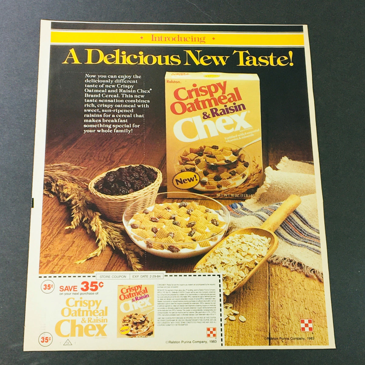 VTG Retro 1984 Chex Crispy Oatmeal Raisin & Alpo Beef Flavor Dog Food Ad Coupon featuring a basket of Chex cereal and oatmeal with a vintage advertisement design.