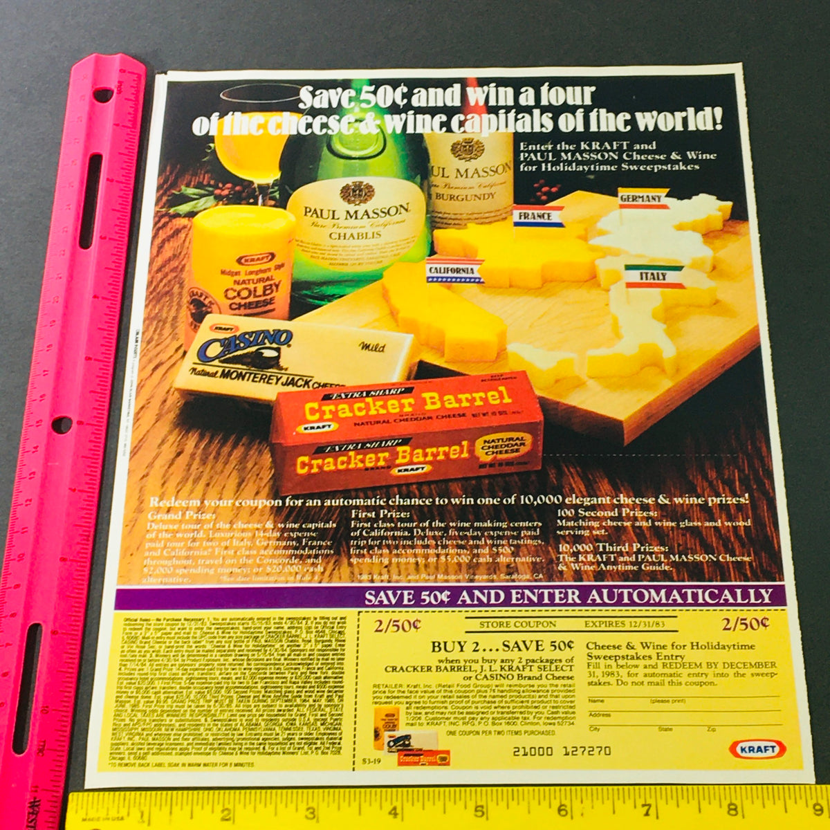 Vintage advertisement featuring a 1983 Kraft Cracker Barrel Cheese and Dixie Petites Smurf Cups coupon. The image showcases various cheese products and a promotional offer to save 50 cents, embodying nostalgia and early 80s marketing strategies.