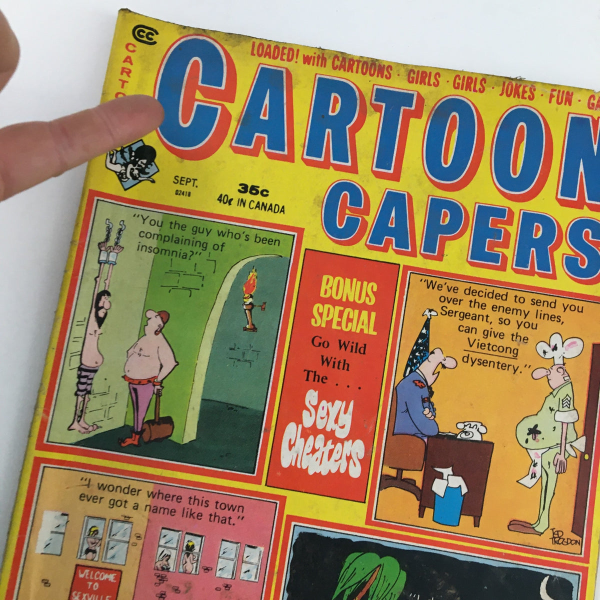 Cover of Cartoon Capers September 1971 Vol. 6 No. 4 Pinch The Waitress Comic Magazine featuring vibrant cartoon illustrations and humorous headlines.