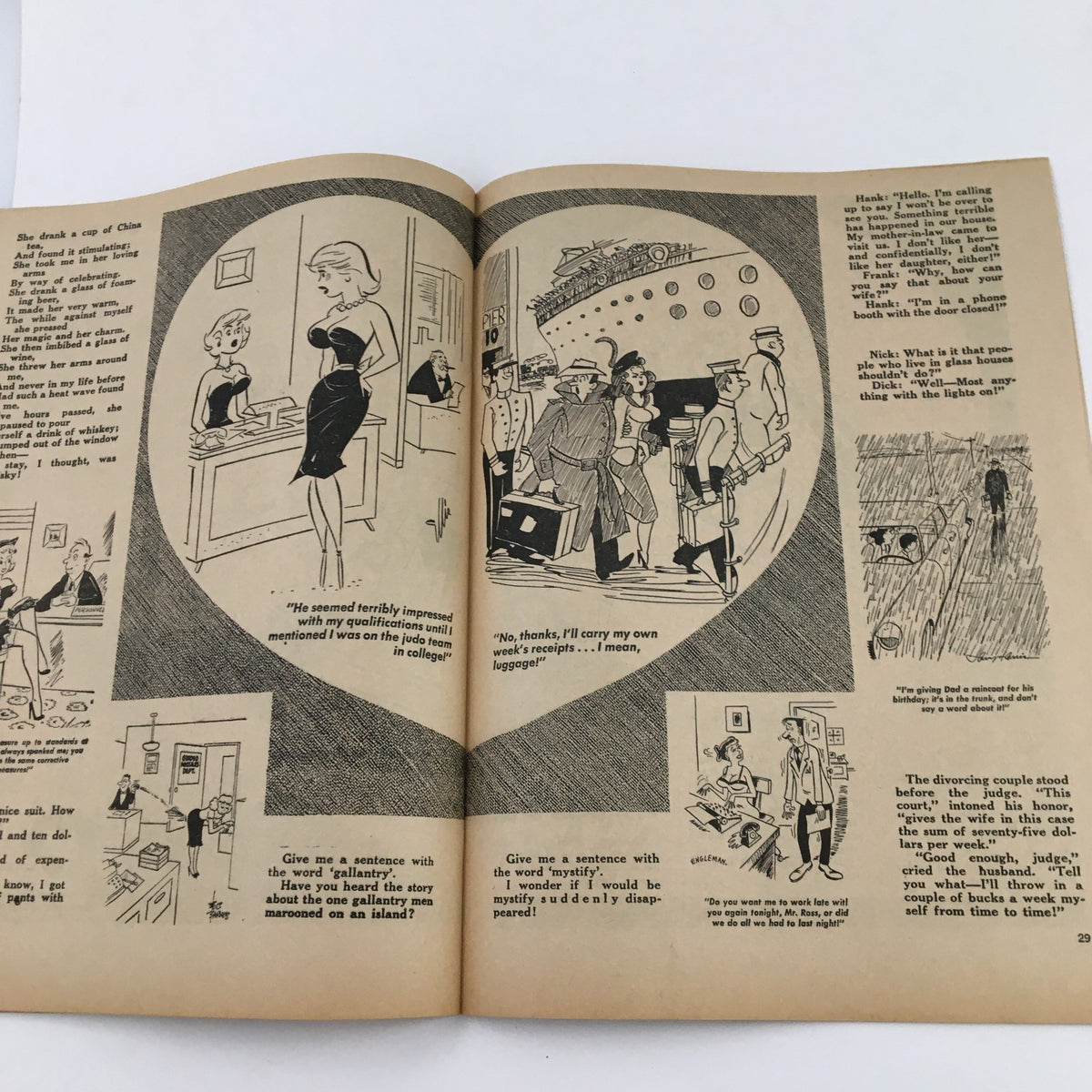 Illustrated pages from Popular Jokes Laugh Magazine, August 1964, displaying classic humor related to dating and travel, with comedic dialogues and character interactions.