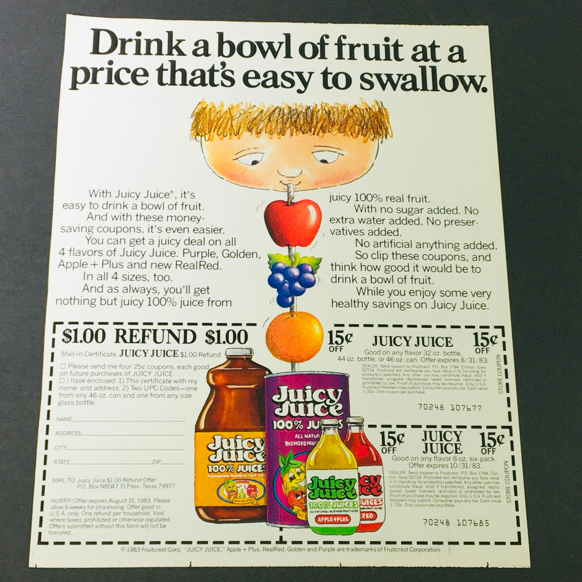 VTG Retro 1983 Juicy Juice All Natural Flavor & Keebler Peanut Butter Ad Coupon featuring a colorful illustration of a boy with fruit, promoting Juicy Juice flavors and a coupon offer.