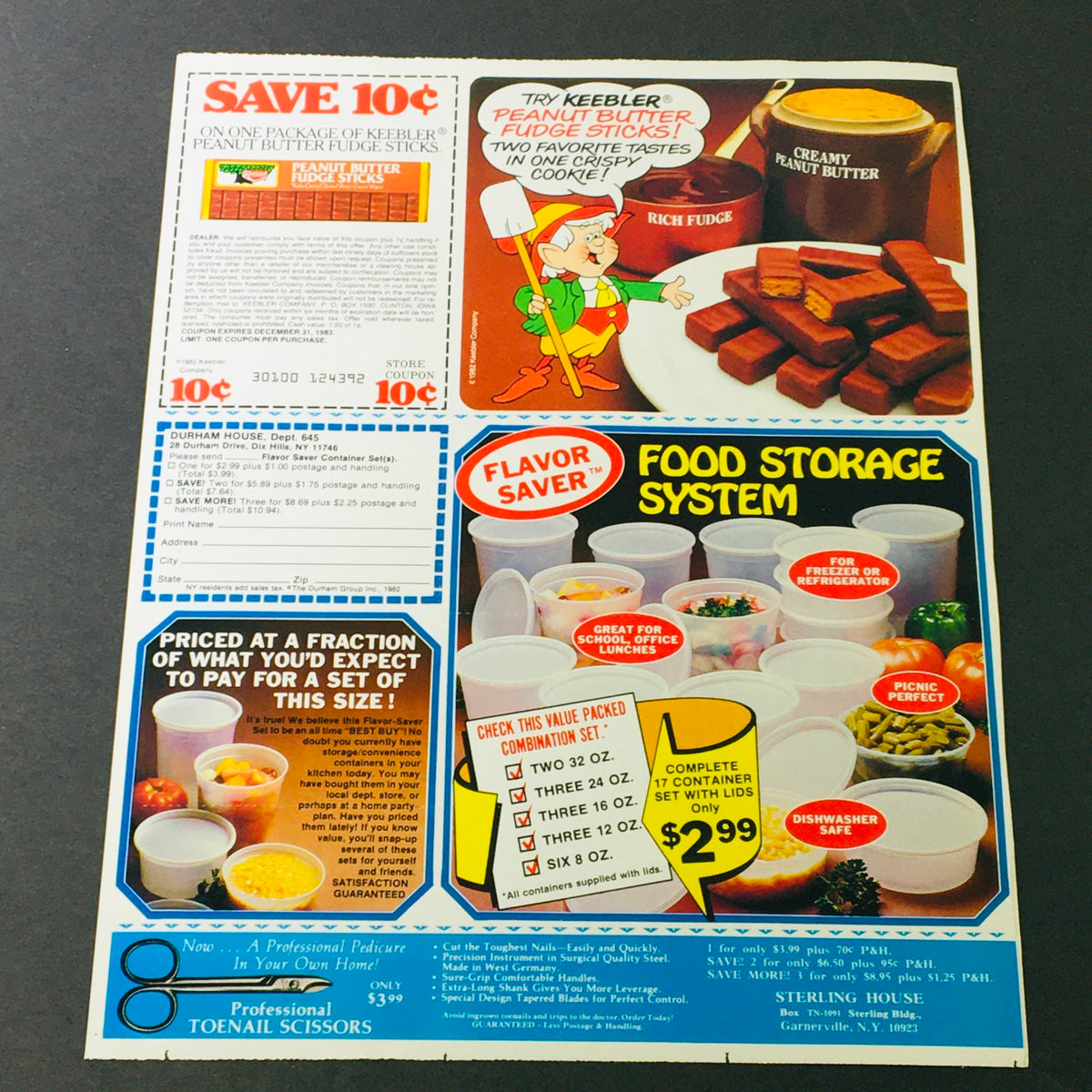 VTG Retro 1983 Juicy Juice All Natural Flavor & Keebler Peanut Butter Ad Coupon showcasing Keebler Peanut Butter products alongside a food storage system, with promotional offers.