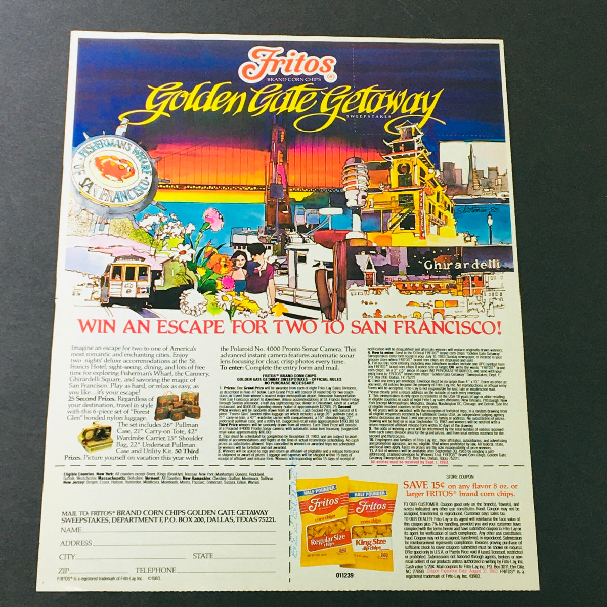 VTG Retro 1983 Fritos Golden Gate Getaway ad coupon for two to San Francisco, featuring colorful illustrations of the Golden Gate Bridge and local attractions.