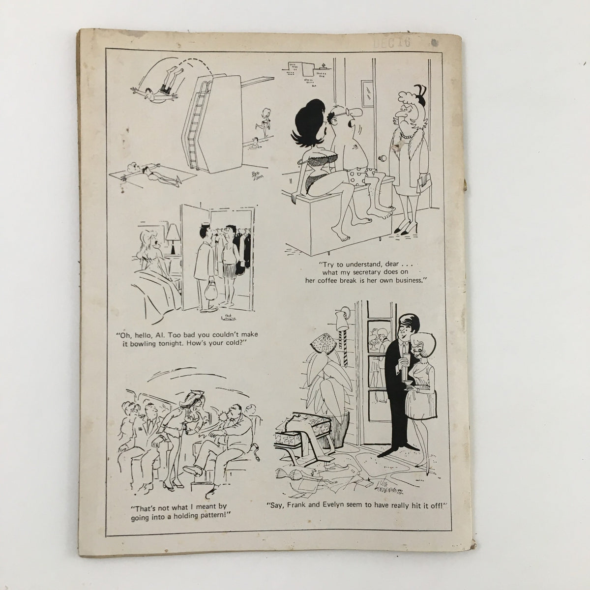Back cover of Cartoons & Gags Magazine February 1971 displaying various comics with tongue-in-cheek humor about everyday life situations.