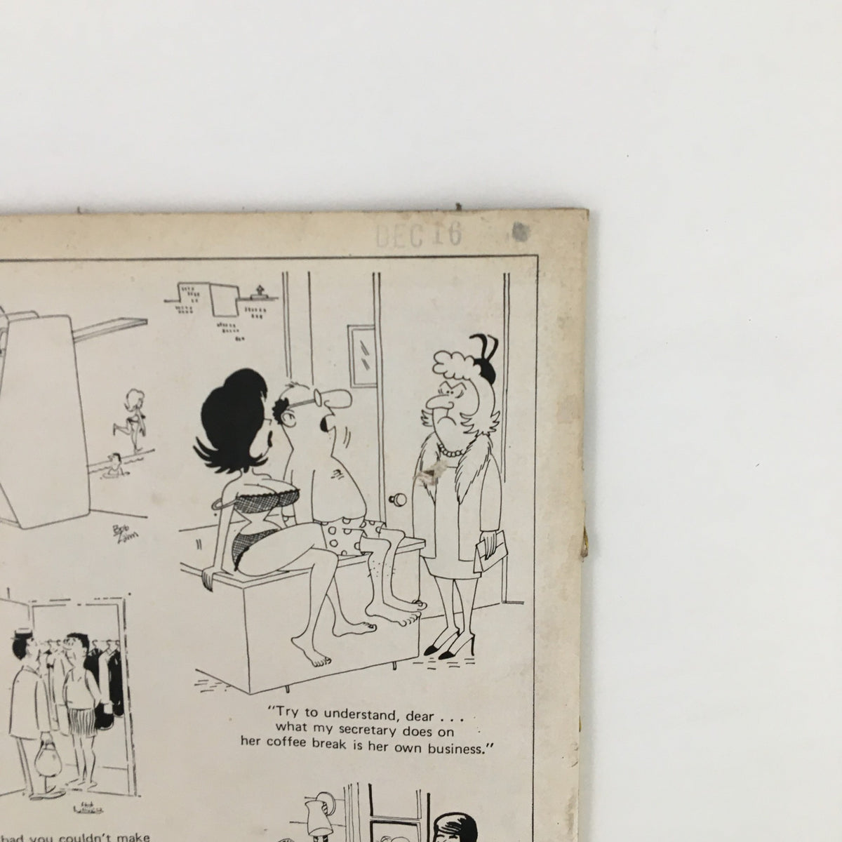 Illustration from Cartoons & Gags Magazine February 1971, depicting a humorous scene involving a man in his underwear and two women, showcasing the playful humor typical of the era.