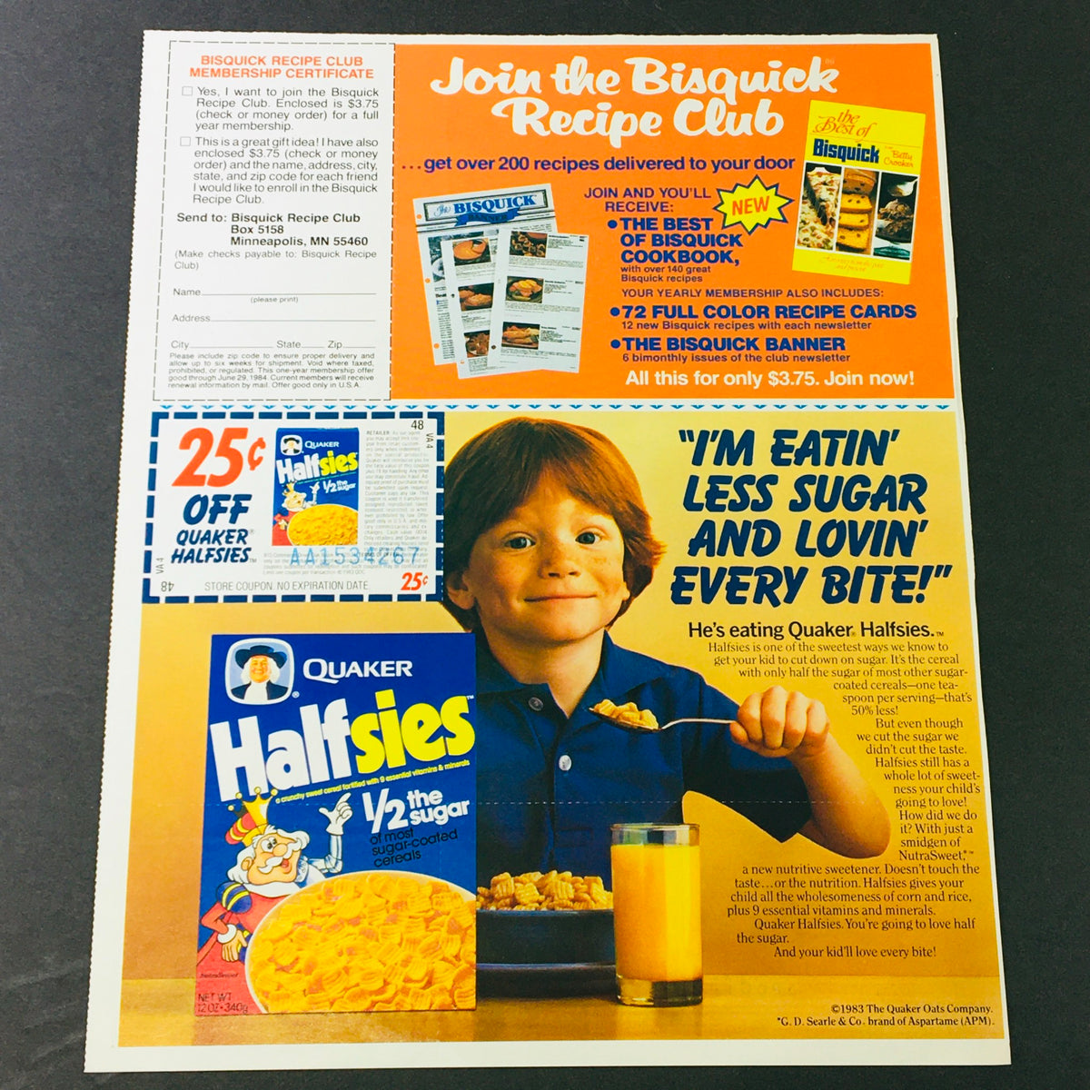 VTG Retro 1983 Quaker Halfsies Sugar-Coated Cereal ad featuring a child enjoying Quaker Halfsies cereal with a glass of orange juice, alongside a coupon for 25 cents off, perfect for collectors of vintage advertisements.