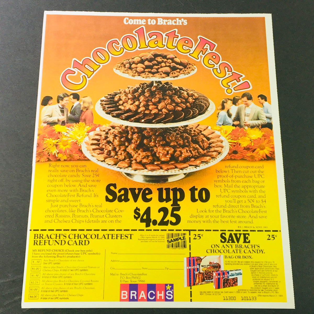 VTG Retro 1983 Brach's ChocolateFest ad showcasing an array of chocolate treats with a promotional coupon to save up to $4.25, ideal for vintage ad enthusiasts.