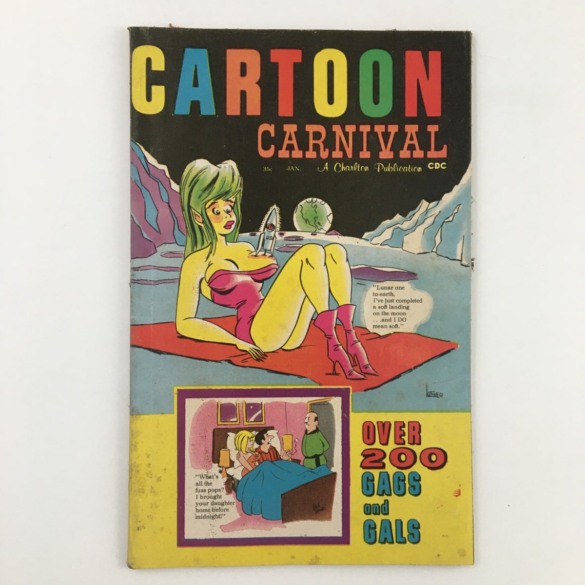 Cover of Cartoon Carnival Magazine January 1970, featuring a colorful illustration of a woman on a sandy beach holding a spaceship, with a cartoonish depiction of a man and woman in a bedroom. The magazine highlights 'Over 200 Gags and Gals' and showcases the whimsical themes prevalent in 1970s entertainment.