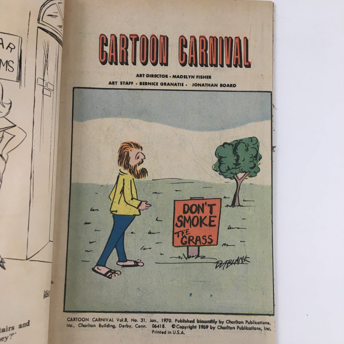 Another view of the interior page from Cartoon Carnival Magazine January 1970 featuring the same cartoon character next to the 'DON'T SMOKE THE GRASS' sign, illustrating the playful satire prevalent in the 1970s.