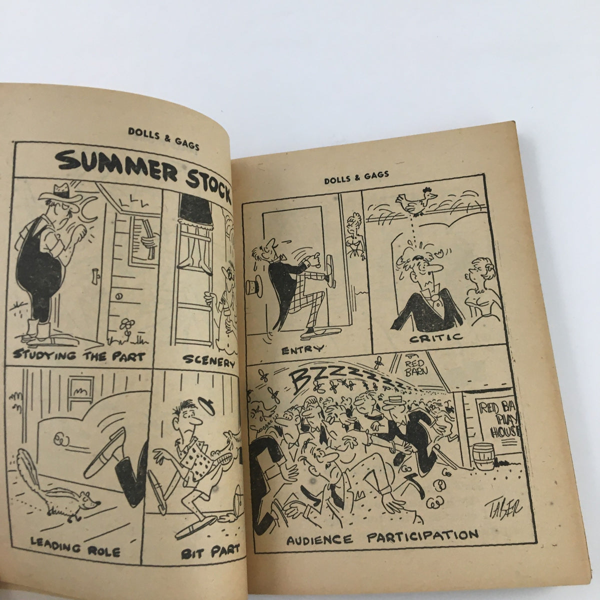 Another interior page of Dolls & Gags Magazine October 1958, showcasing a cartoon titled 'Summer Stock' with multiple comedic scenes.