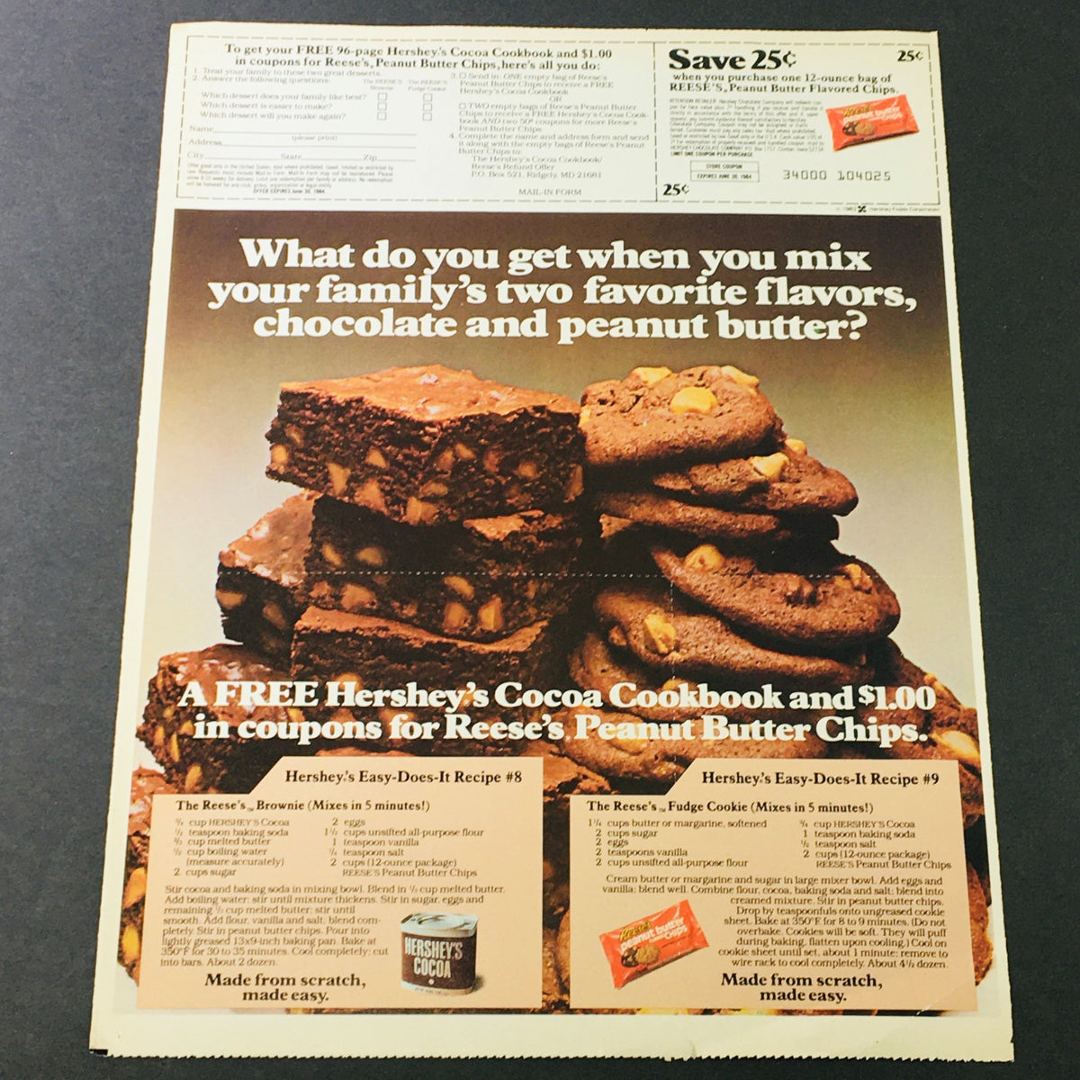 VTG Retro 1983 Kraft from Parkay Margarine Holiday Puzzle Print Ad featuring a Hershey's Cocoa cookbook offer and a discount coupon for Reese's Peanut Butter Chips.