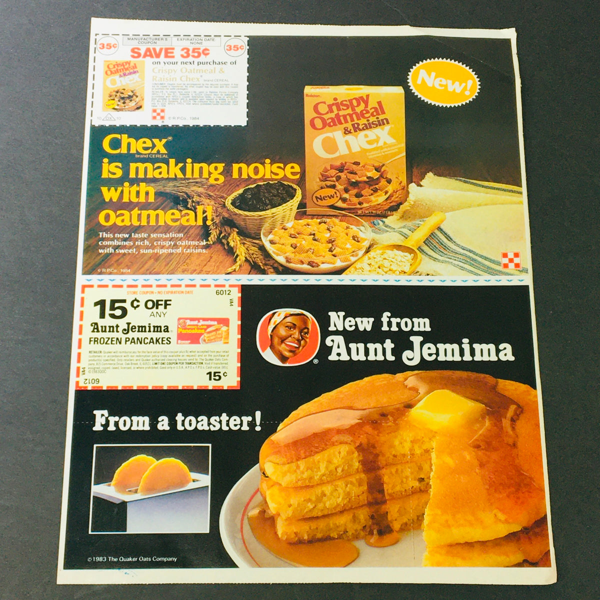 VTG Retro 1983 Aunt Jemimas Frozen Pancakes & Chex Crispy Oatmeal advertisement showcasing product images, coupon savings, and promotional offers.