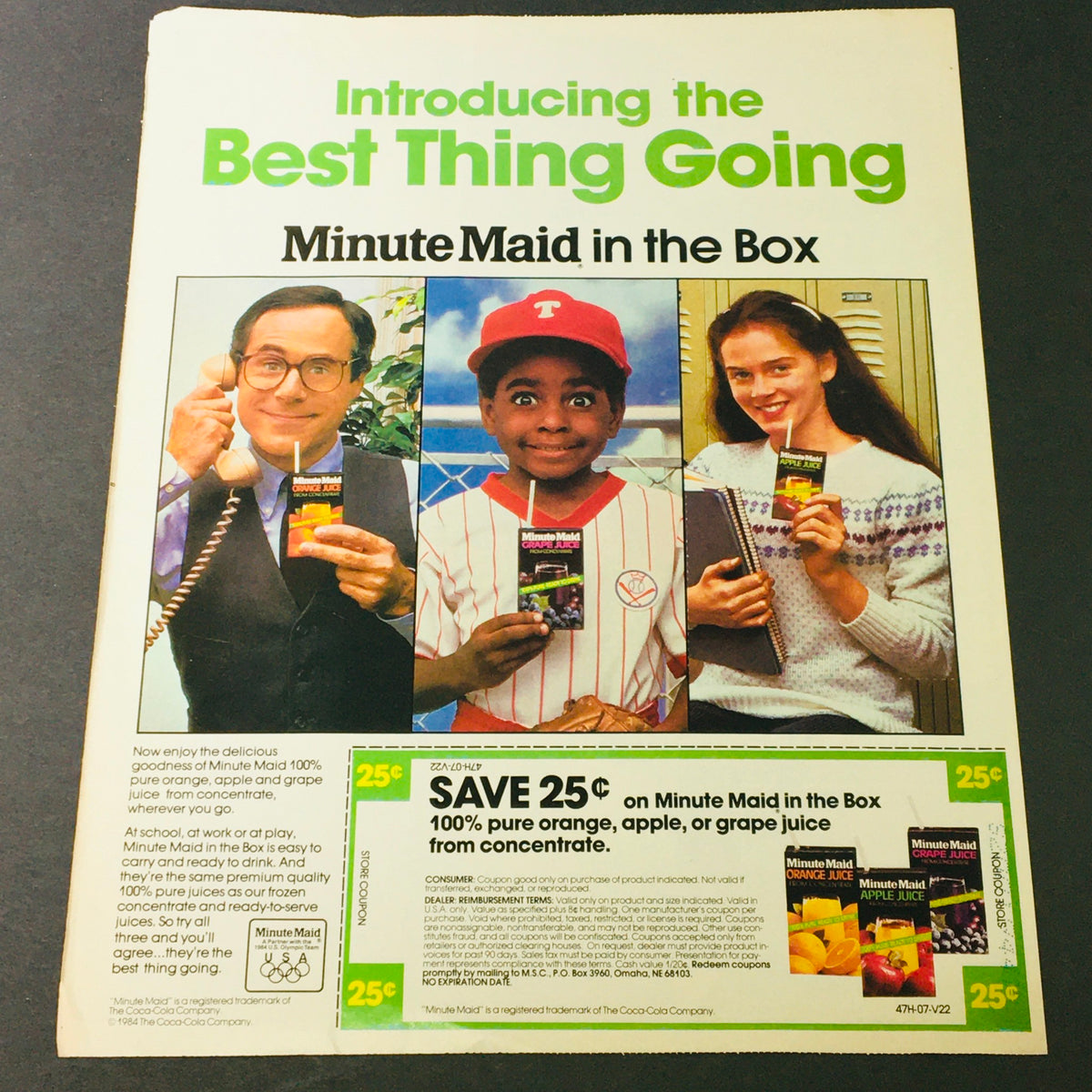VTG Retro 1983 Aunt Jemimas Frozen Pancakes & Chex Crispy Oatmeal Ad Coupon showcasing Minute Maid juice boxes with promotional details, featuring three people holding the products.