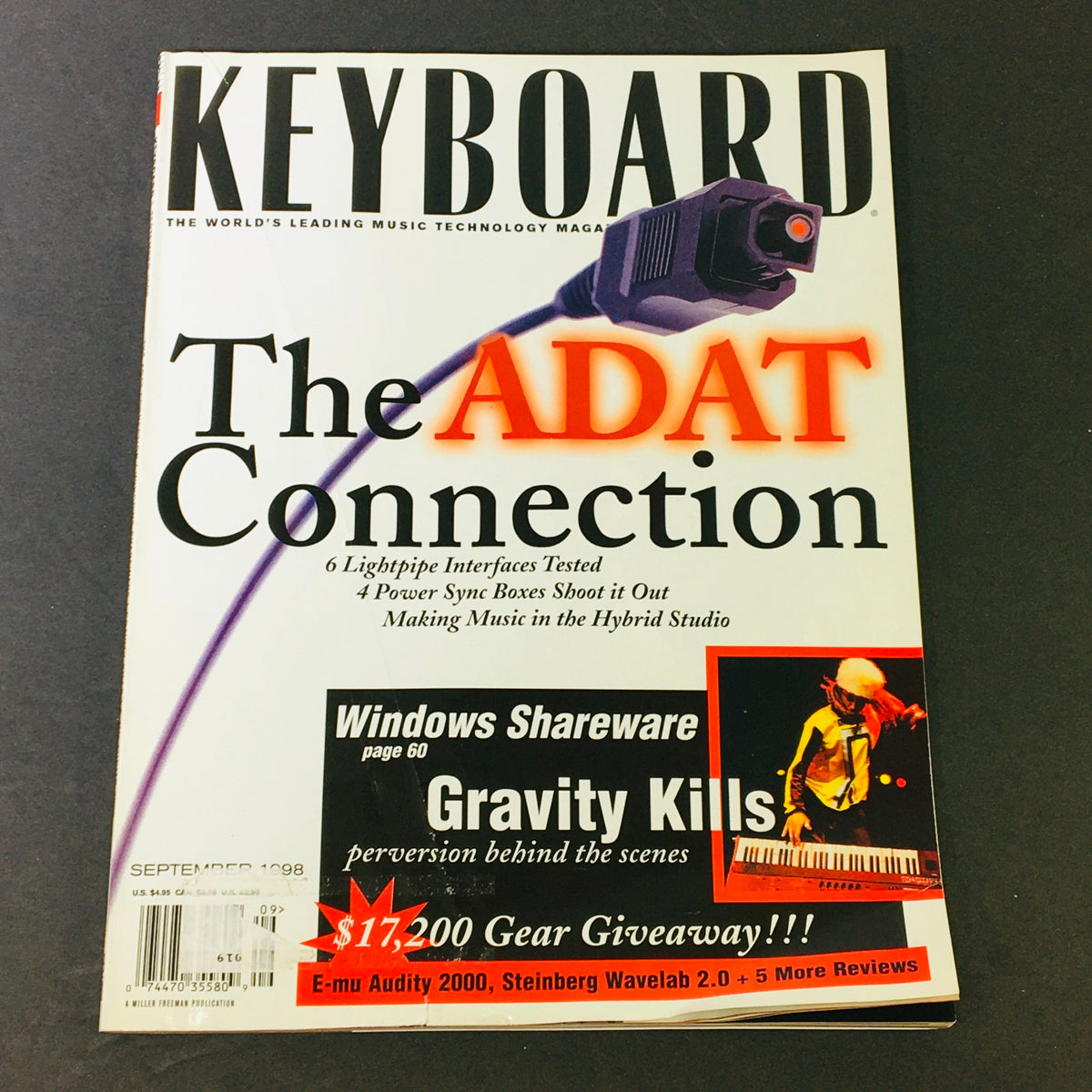 Keyboard Magazine September 1998 cover featuring 'The ADAT Connection', highlighting Windows Shareware and Steinberg Wavelab 2.0, along with a colorful image of an artist with a keyboard. Perfect for collectors of vintage music technology publications.