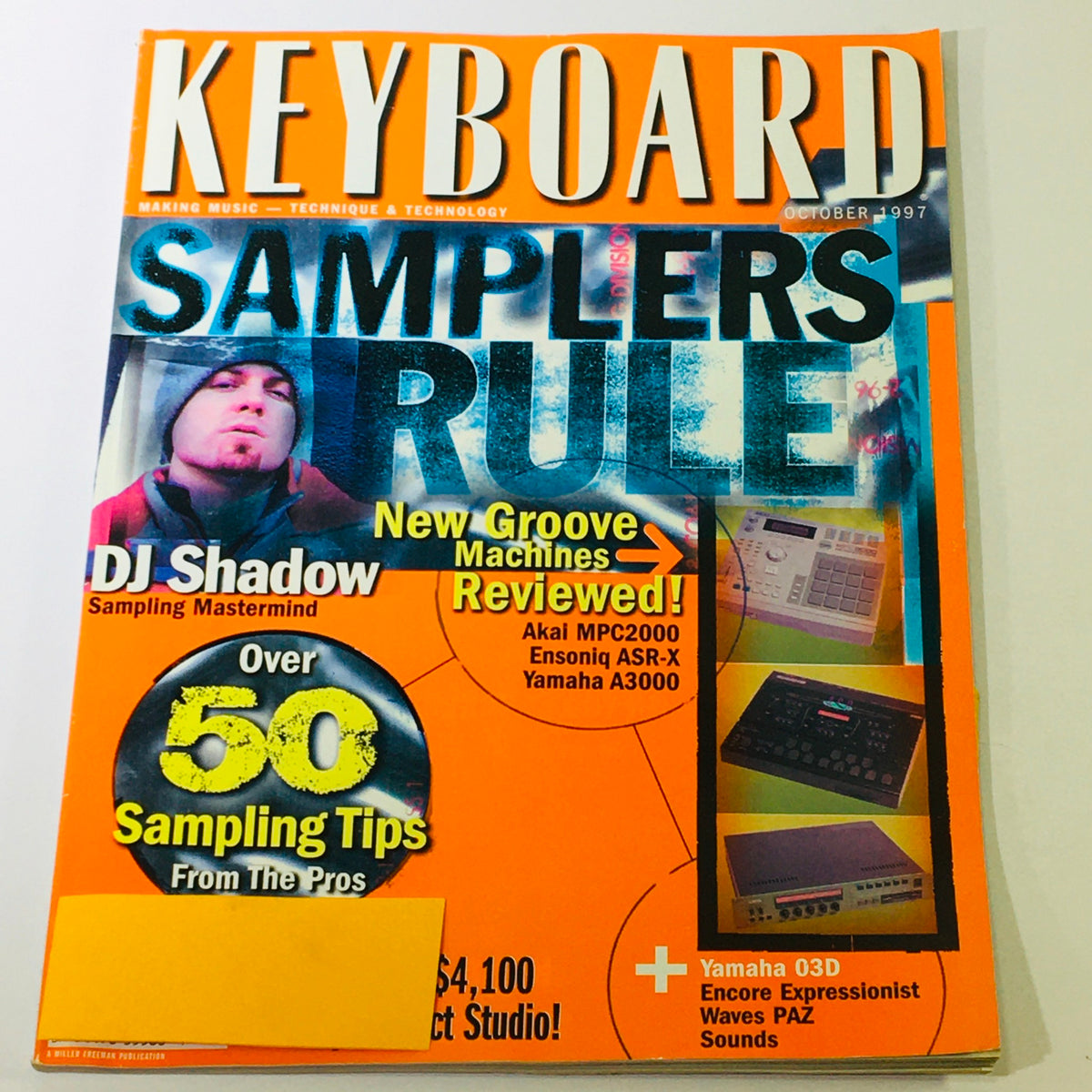 Cover of Keyboard Magazine from October 1997 featuring DJ Shadow as Sampling Mastermind and showcasing groove machines. The bold title reads 'SAMPLERS RULE' with highlights on sampling tips and reviews of music production equipment.