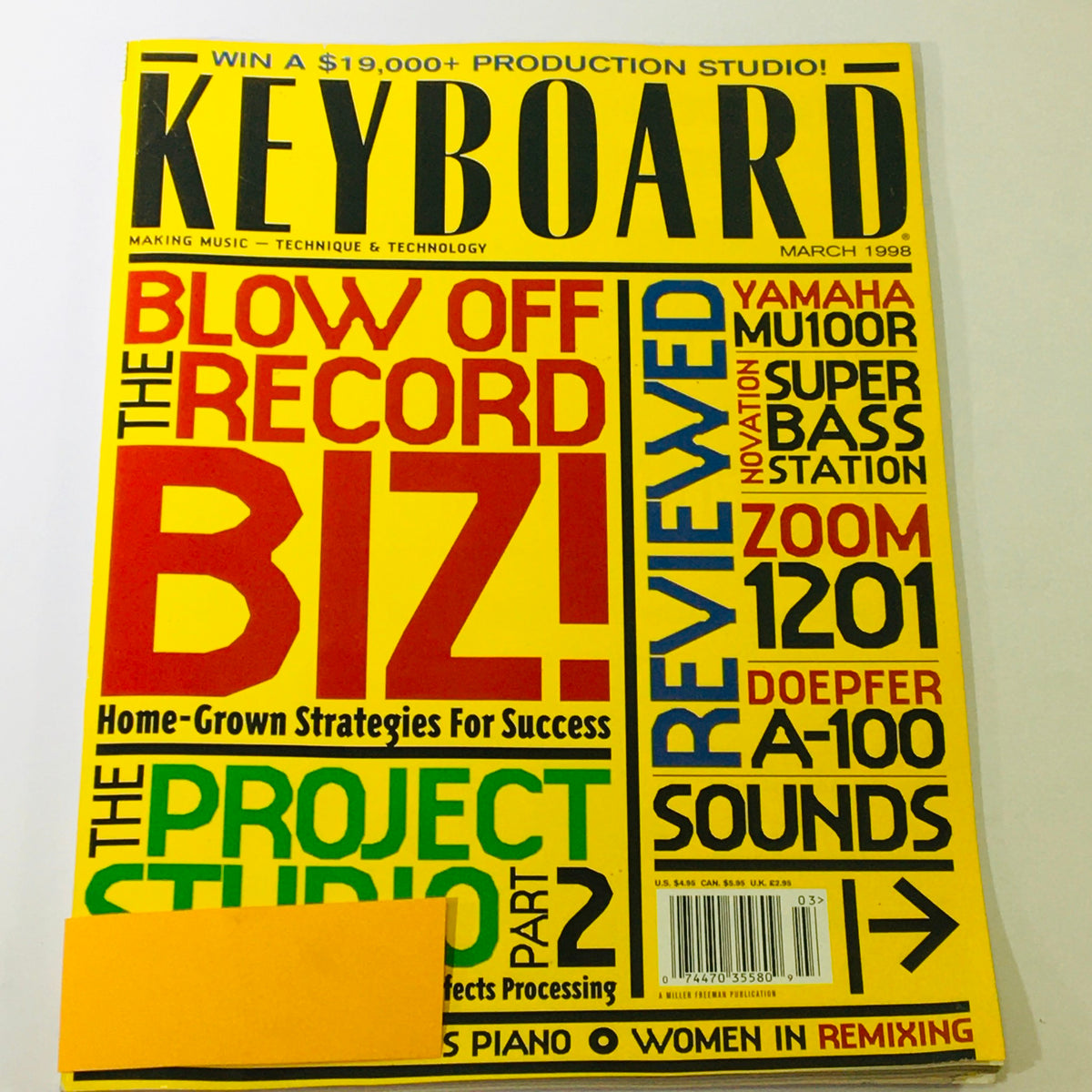 Cover of Keyboard Magazine March 1998 featuring a vibrant design with bold titles including 'Blow Off the Record Biz!' and reviews of Yamaha MU100R and Novation Super Bass Station. The magazine showcases late '90s music technology.