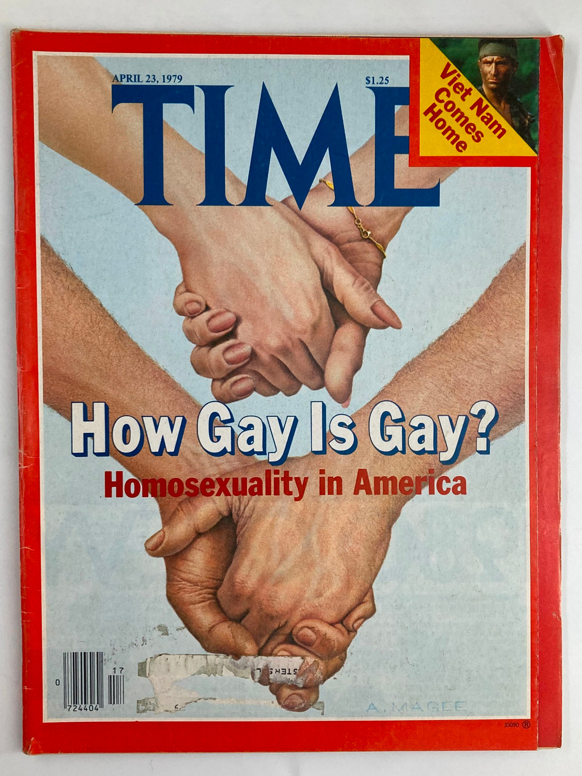 Cover of Time Magazine dated April 23, 1979, featuring the title 'How Gay is Gay? Homosexuality in America' with a visual depicting intertwined hands symbolizing unity and diversity in sexual identity.