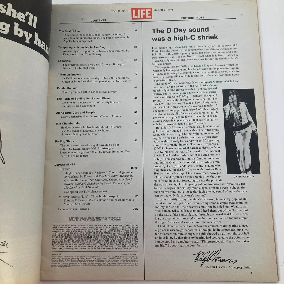 Table of contents from Life Magazine March 24, 1972, including features on sports legends Kareem Abdul-Jabbar and Wilt Chamberlain.