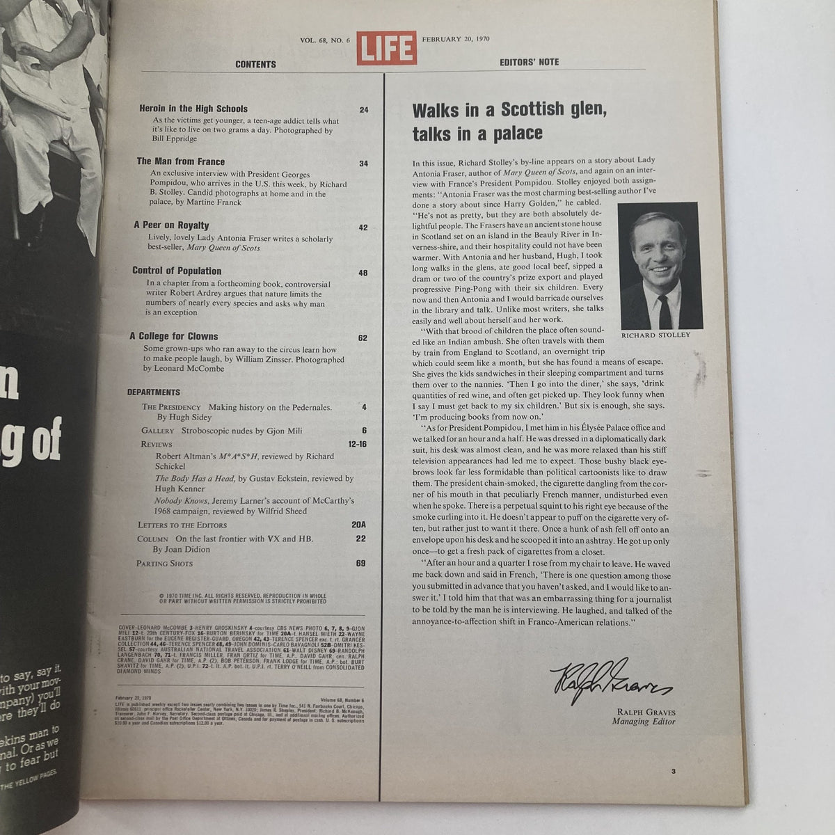 Contents page of VTG Life Magazine February 20 1970, Vol 68 No 6, highlighting features such as 'Heroin in the High Schools' and an exclusive interview with Georges Pompidou.