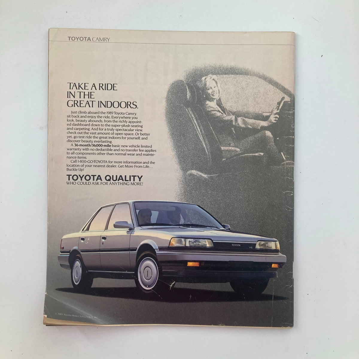 Ad page from VTG Life Magazine August 1989 featuring a Toyota Camry, showcasing automotive advertising trends of the late 1980s.