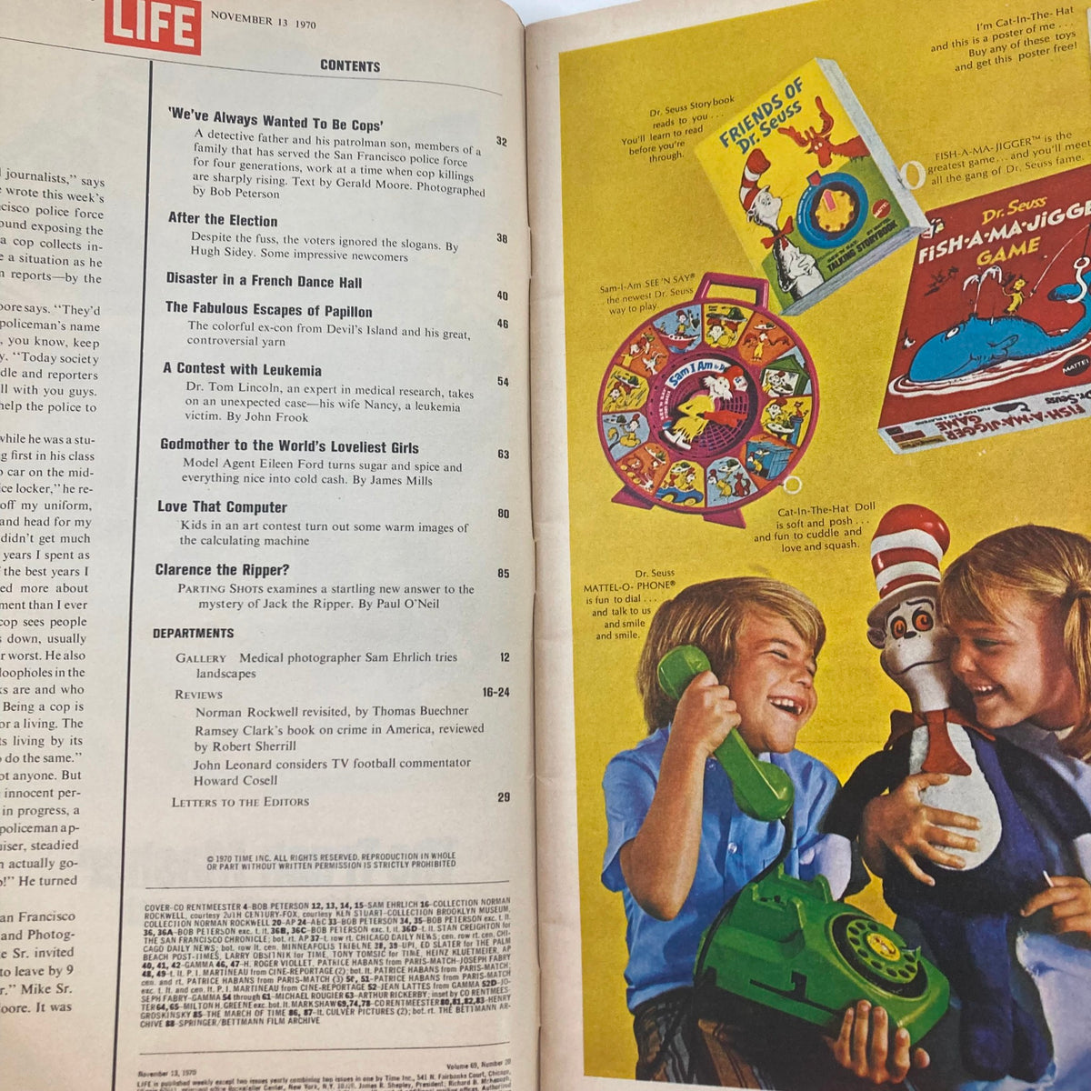 Contents page of VTG Life Magazine November 13 1970, listing articles including 'We've Always Wanted To Be Cops', 'The Fabulous Escapes of Papillon', and 'Godmother to the World's Loveliest Girls'.