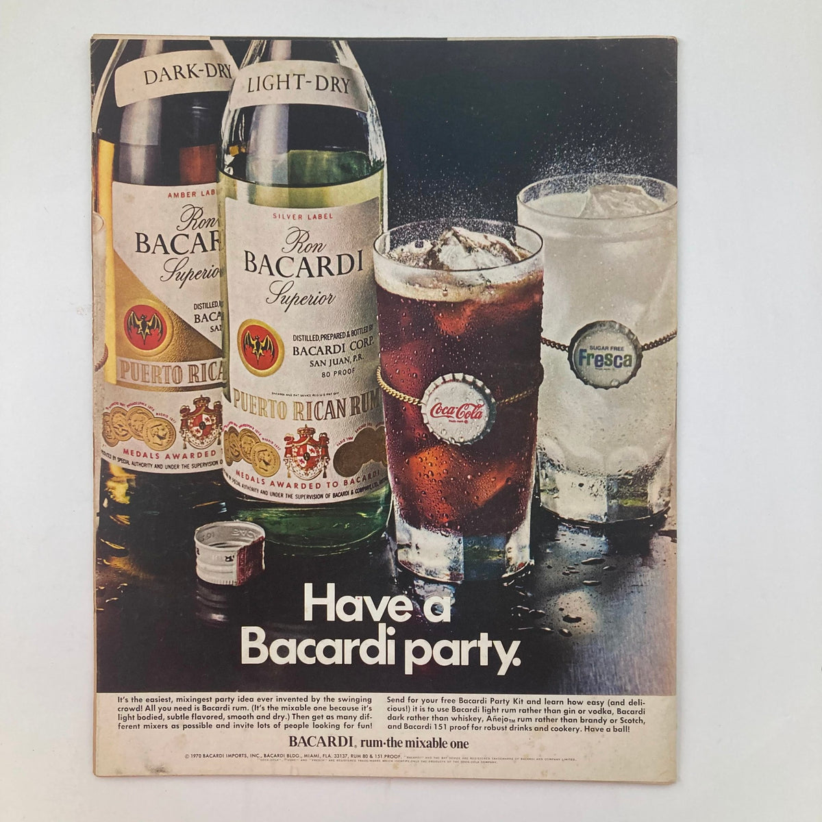 VTG Life Magazine August 28 1970 advertisement featuring Bacardi rum bottles and cocktails with the caption 'Have a Bacardi party.'