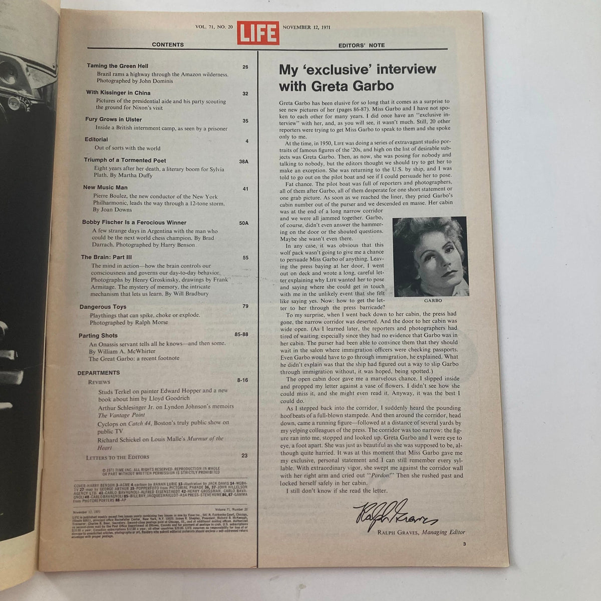 Inside page of VTG Life Magazine November 12 1971, showcasing contents including an article about Bobby Fischer's remarkable chess skills and an exclusive interview with Greta Garbo.