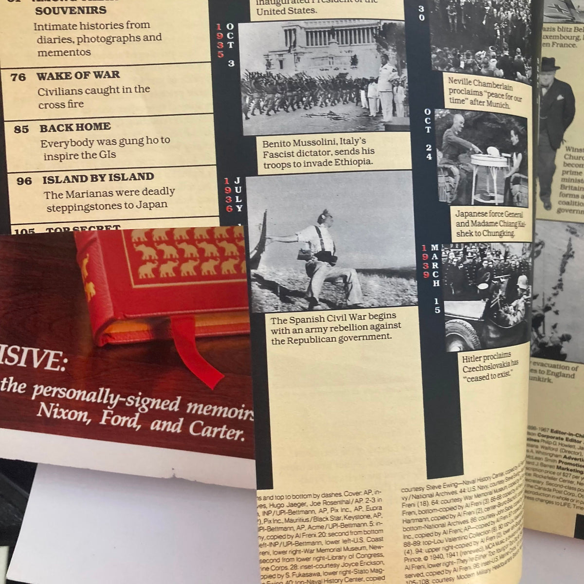 Inside page of VTG Life Magazine Spring 1985 showcasing significant events leading up to World War II, with historical images and descriptions.