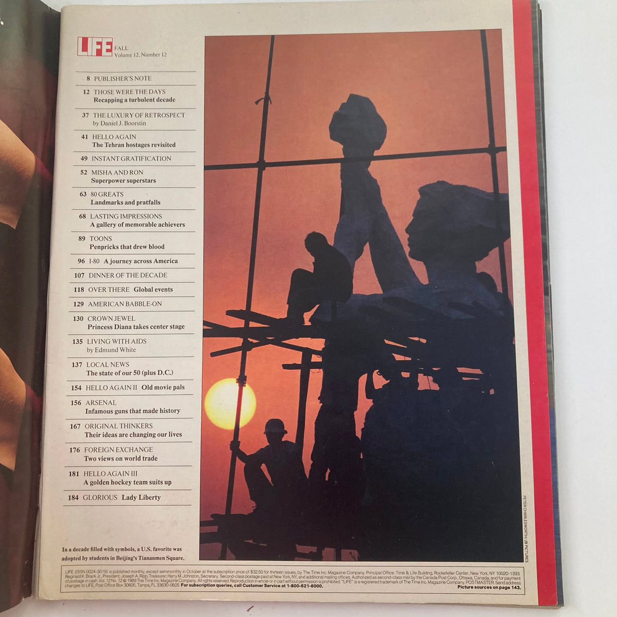 Table of contents page from VTG Life Magazine Fall 1989 Vol 12 No. 12, listing various articles including 'Dinner of the Decade' and others alongside a silhouette of workers during sunset.