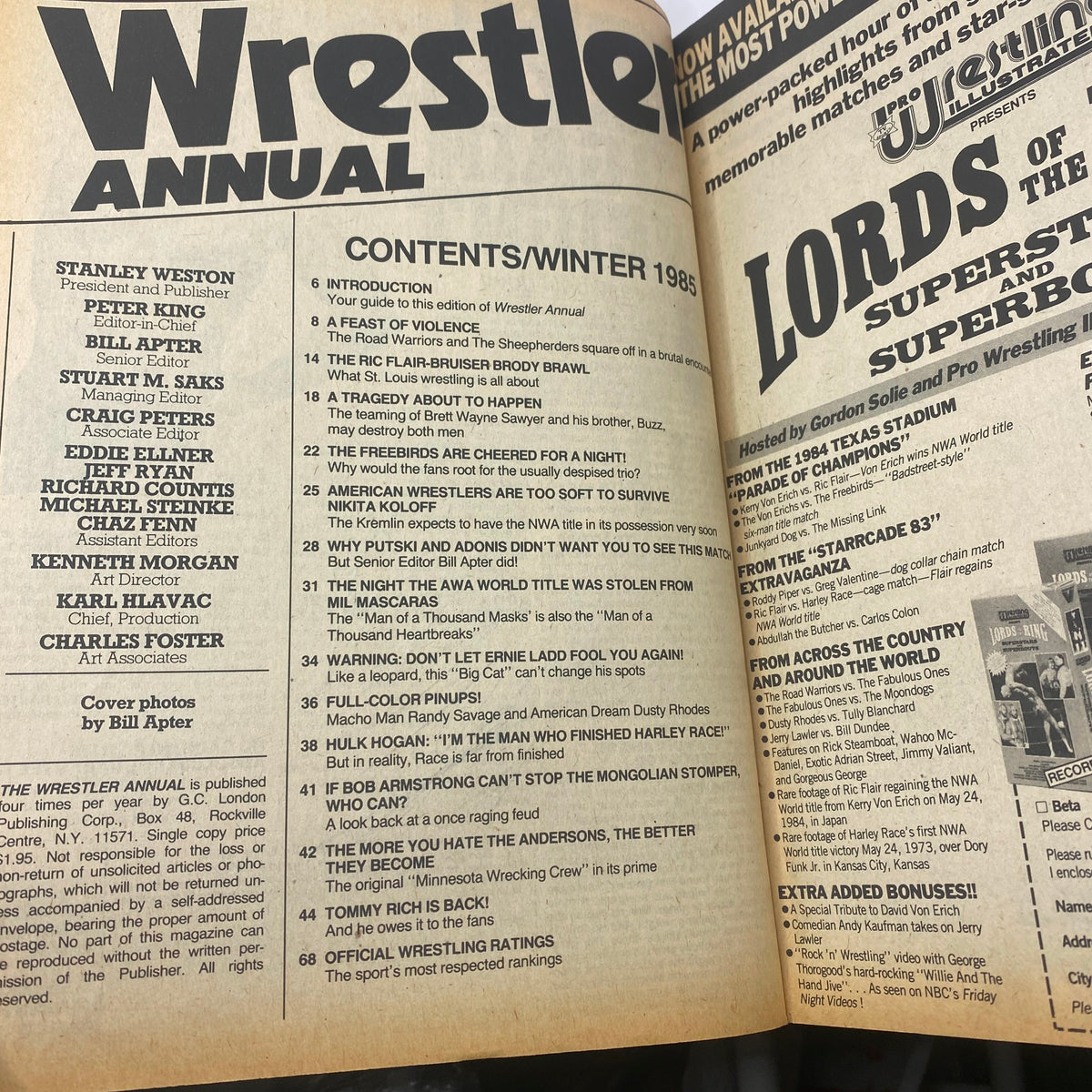 Inside view of the VTG Wrestler Annual Magazine Winter 1985, displaying the contents page with articles and features related to professional wrestling.